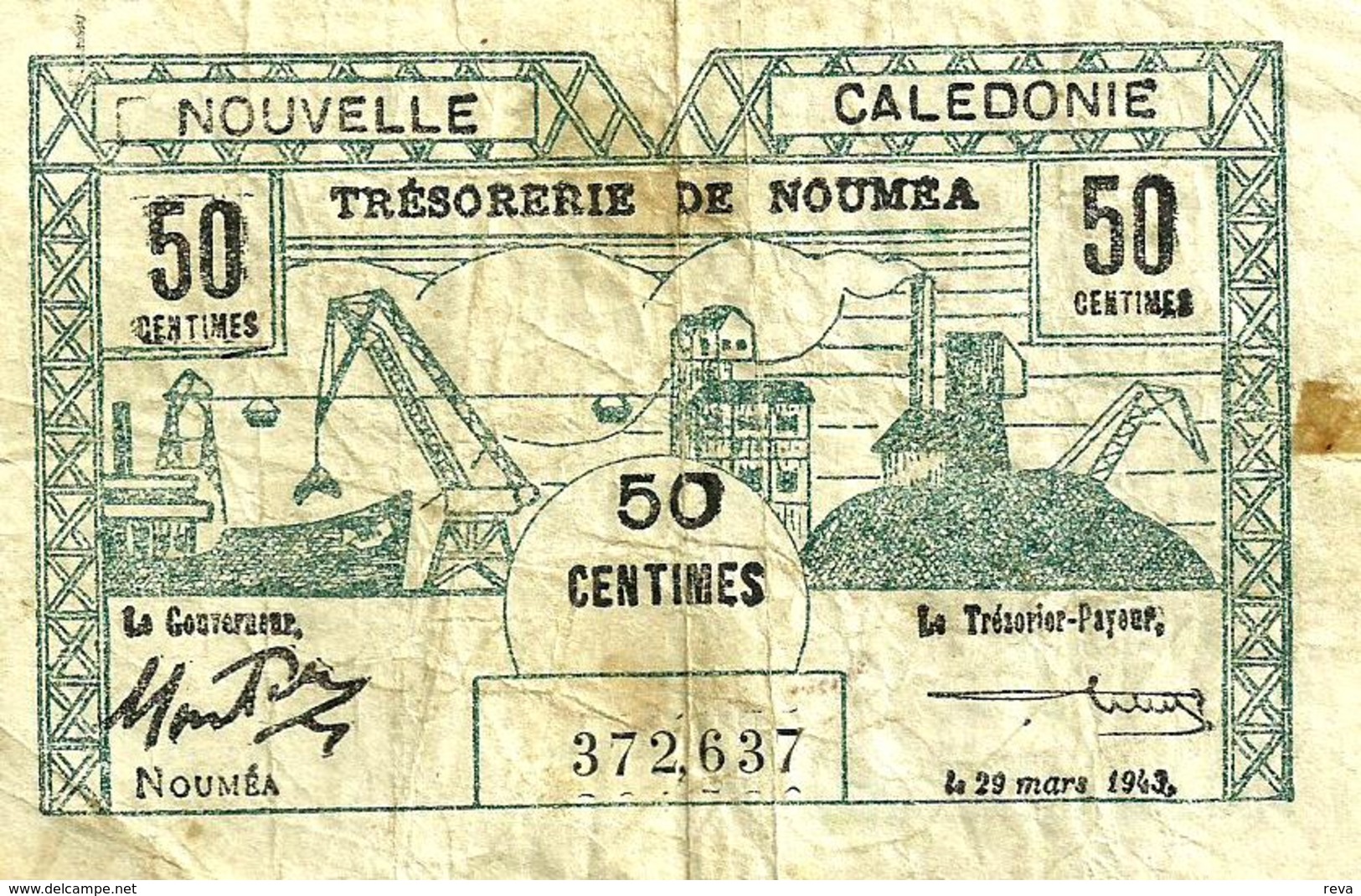 NEW CALEDONIA 50 CENTIMES MINE FRONT ANIMAL HEAD BACK WWII EMERGENCY ISSUE DATED 29-03-1943 P54 AVF READ DESCRIPTION!! - Nouvelle-Calédonie 1873-1985
