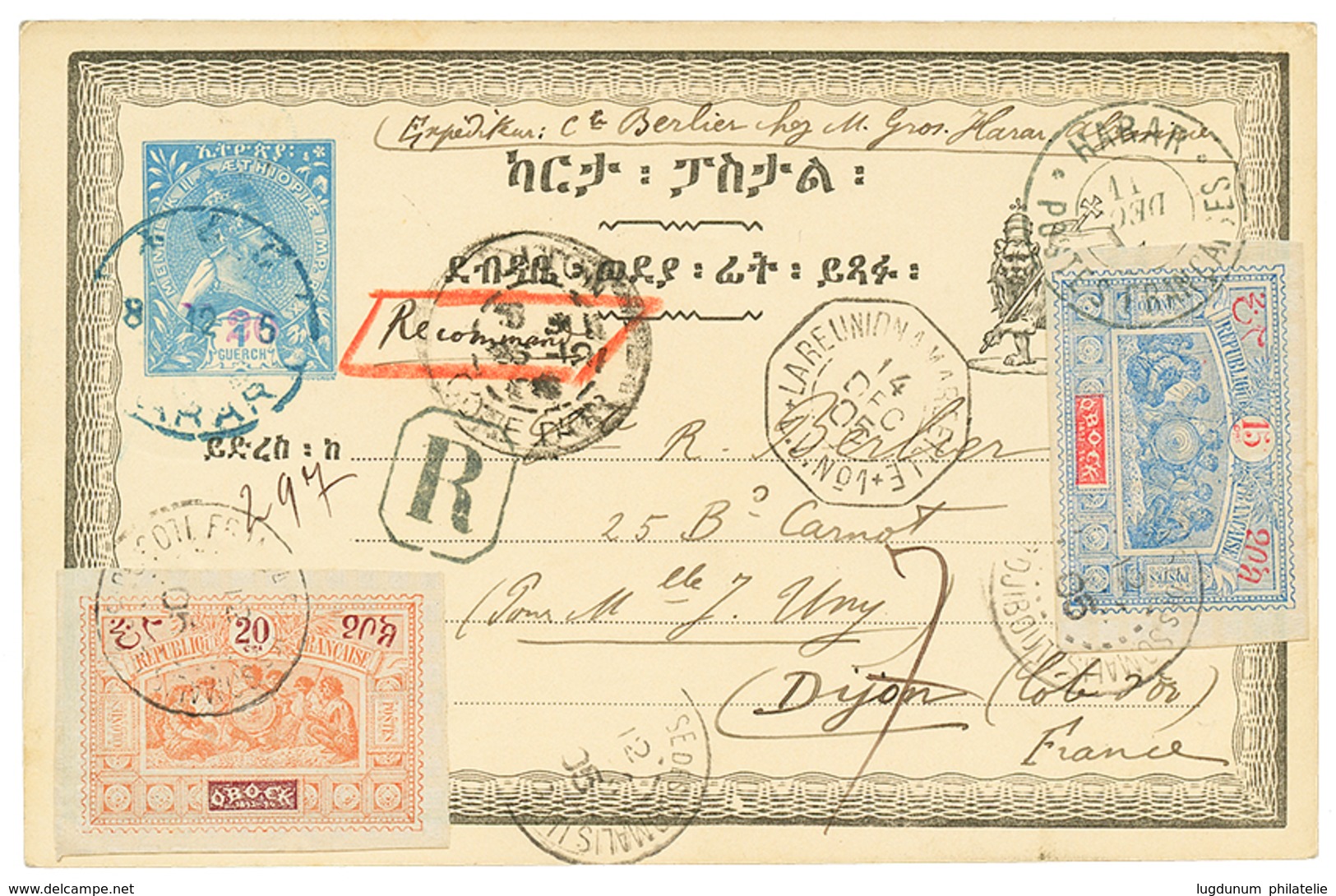 544 ETHIOPIA : 1905 P./Stat 20 On 1g + OBOCK 15c + 20c Canc. DJIBOUTI + HARAR POSTE FRANCAISE Sent REGISTERED To FRANCE. - Ethiopia