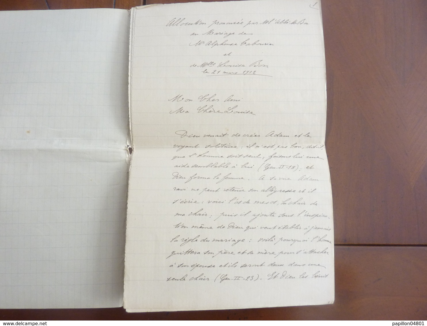 MANUSCRIT 9 PAGES ALLOCUTION FAITE AU MARIAGE  L'ABBE M. BON LE 21 MARS 1912 - Other & Unclassified