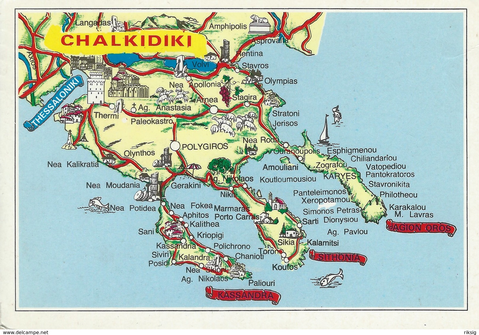 Map On Postcard.  Chalkidiki  Greece. Sent To Denmark.  # 02931 - Maps