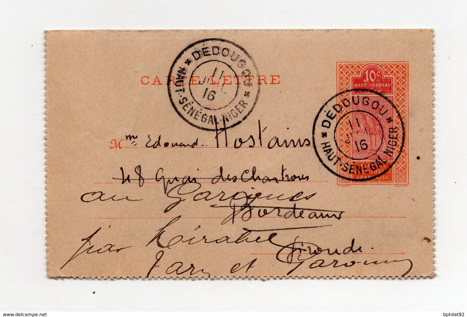 !!! PRIX FIXE : HAUT SENEGAL ET NIGER, ENTIER POSTAL DE DEDOUGOU DE 1916 POUR BORDEAUX - Briefe U. Dokumente