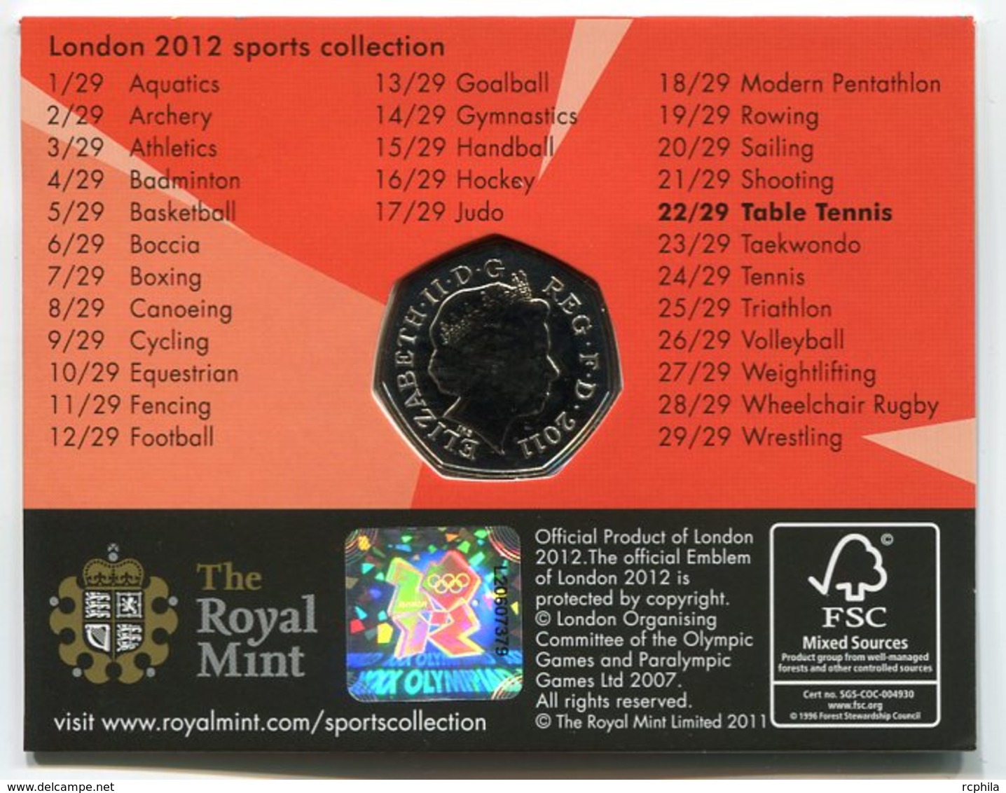 RC 8637 GB 50 PENCE LONDON 2012 SPORTS COLLECTIONS TABLE TENNIS - 50 Pence