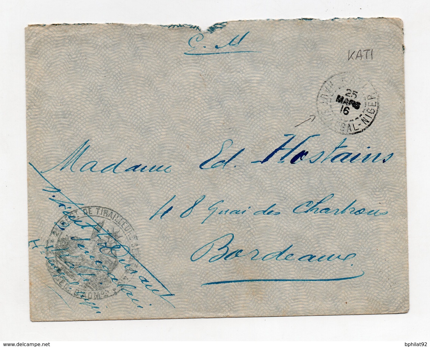 !!! PRIX FIXE : HAUT SENEGAL ET NIGER, LETTRE EN FRANCHISE DE 1916 POUR BORDEAUX, CACHET DE KATI - Briefe U. Dokumente