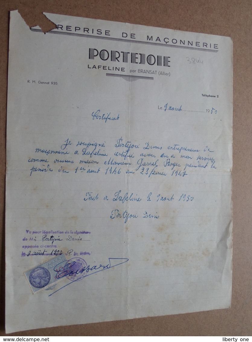 PORTEJOIE Lafeline Par Bransat (Allier) Maçonnerie - 1950 ( Correspondance / Facture / Bon De Commande ) ! - Petits Métiers