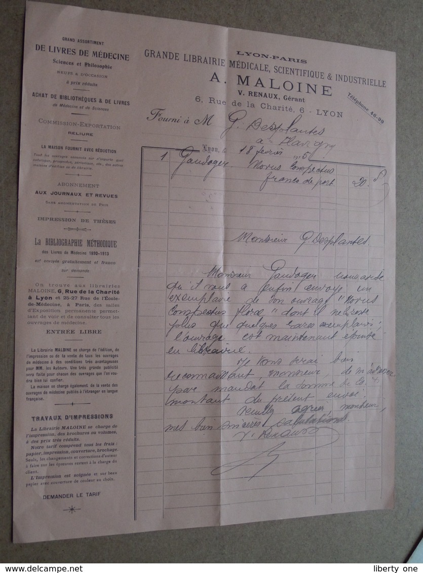 A. MALOINE ( V. Renaux Gérant ) LYON ( PARIS ) 1915 Librairie ( Correspondance / Facture / Bon De Commande ) ! - 1900 – 1949