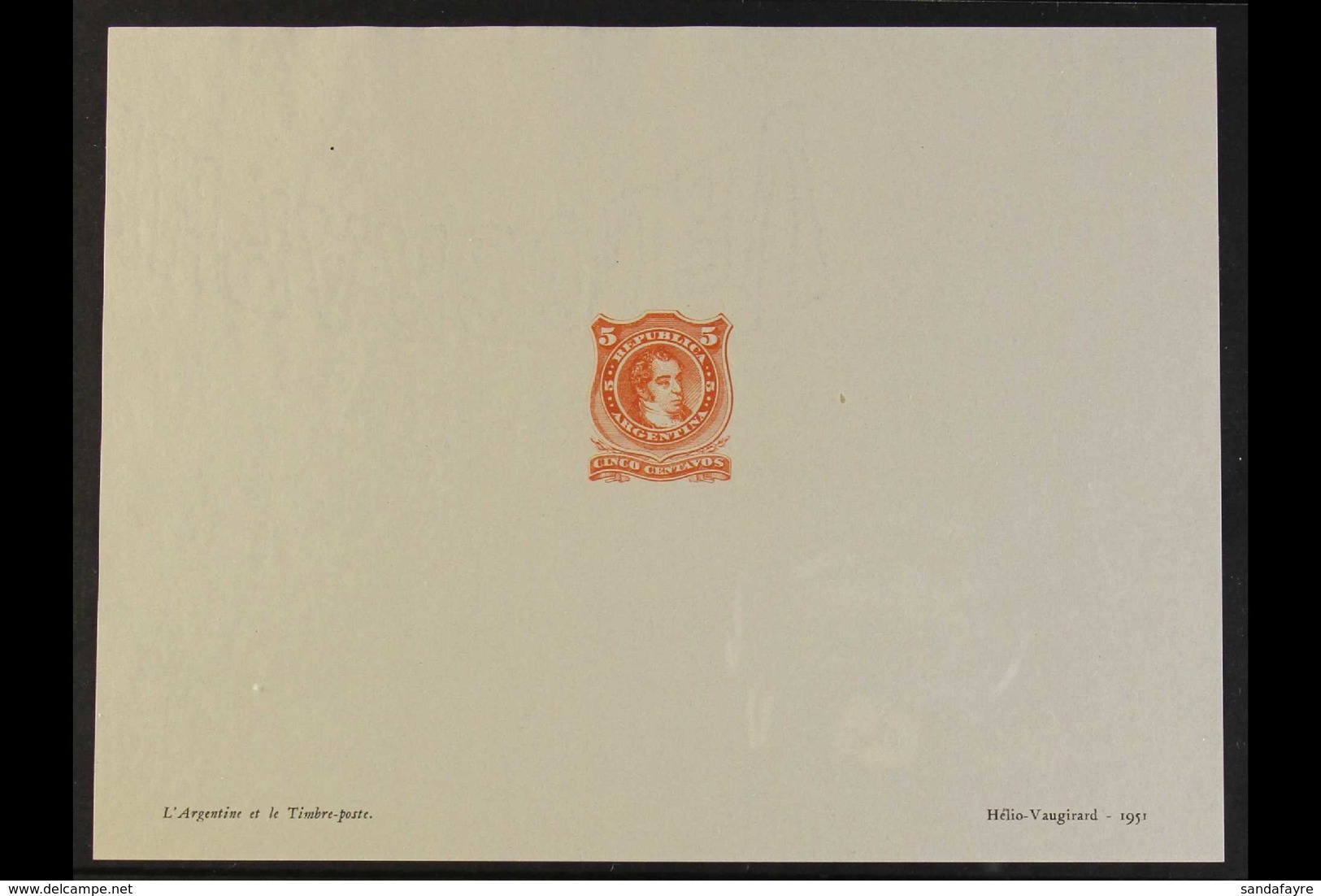 SAMPLE DIE PROOF  1951 Helio-Vaugirard Printer's Sample Imperf Die Proof Of The 1867-68 5c Rivadavia Issue (Scott 20, SG - Sonstige & Ohne Zuordnung