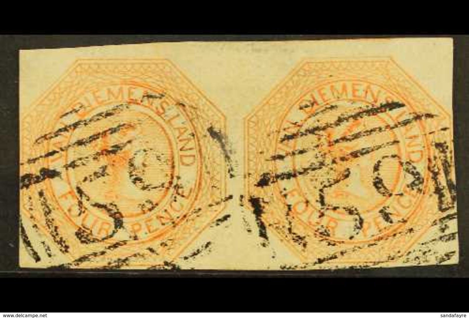 TASMANIA  1853 4d Bright Red-orange, Plate 1, First State, SG 5, A Fine Used HORIZONTAL PAIR With Clear To Large Margins - Sonstige & Ohne Zuordnung