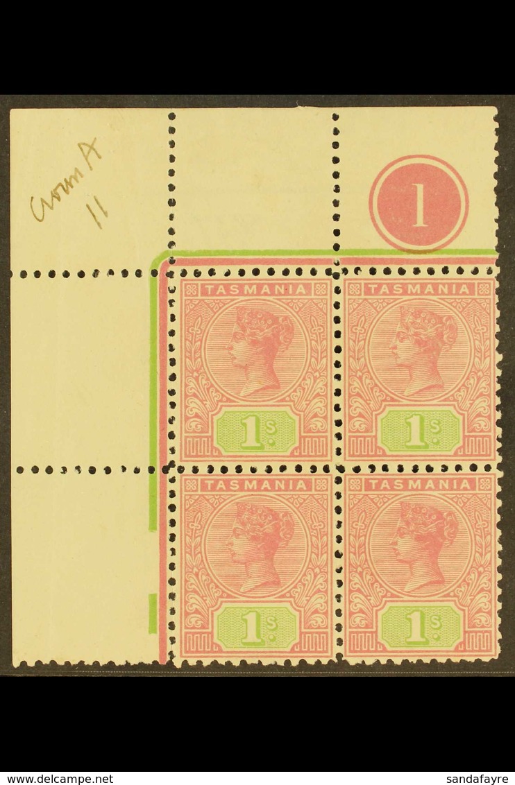 TASMANIA  1906-09 1s Rose & Green Wmk Crown Over A Wmk Inverted Perf 11, SG 257a, Mint (stamps Never Hinged) Upper Left  - Sonstige & Ohne Zuordnung