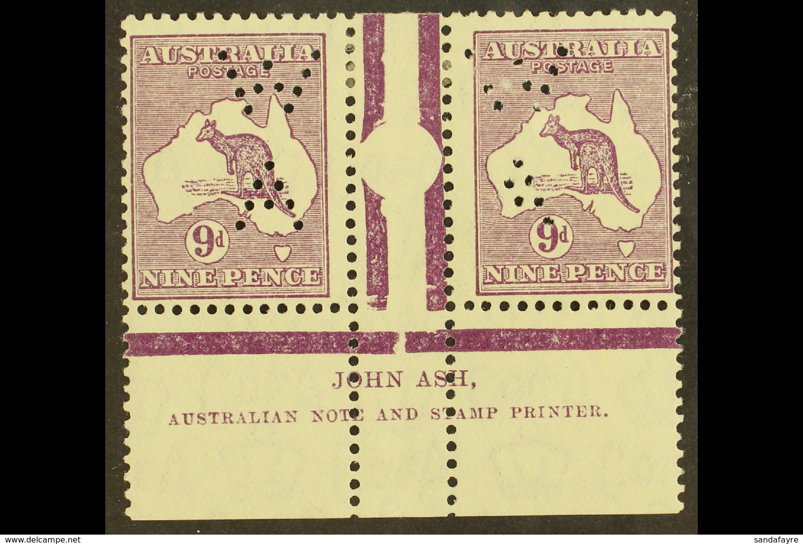 1932  9d Violet Roo (SG 133), ASH IMPRINT PAIR, Plate 4 - Second State (as BW 29zc), With "W / A" Perfin, Very Fine Mint - Sonstige & Ohne Zuordnung