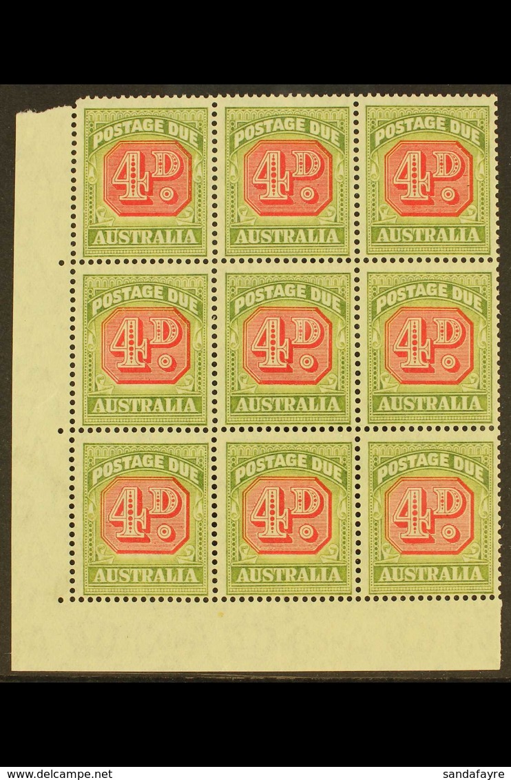 POSTAGE DUE  1946-57 4d Carmine & Green, SG D123, Never Hinged Mint Corner Block Of 9, Lovely Display Item (9 Stamps) Fo - Sonstige & Ohne Zuordnung