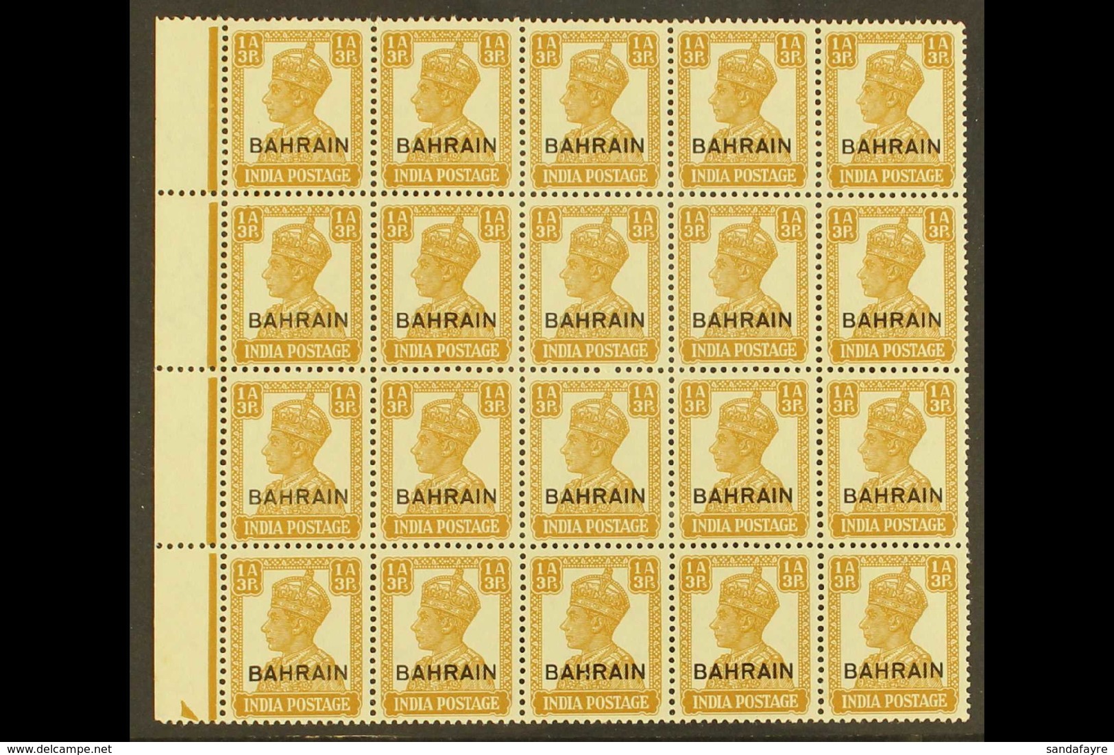 1942-45  1a3p Bistre, SG 42, Never Hinged Mint Marginal BLOCK OF 20 Stamps. Lovely (1 Block Of 20) For More Images, Plea - Bahrein (...-1965)