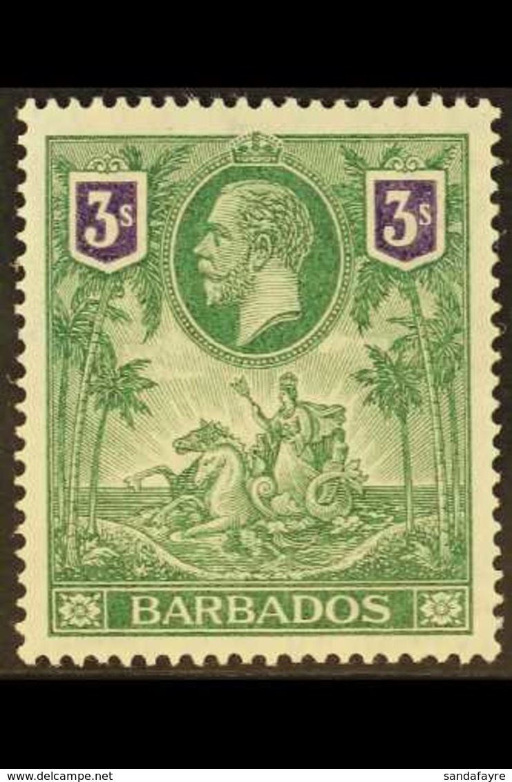 1912-26  3s Green & Violet, Wmk Mult. Crown CA, SG 180, Very Fine Mint. For More Images, Please Visit Http://www.sandafa - Barbados (...-1966)