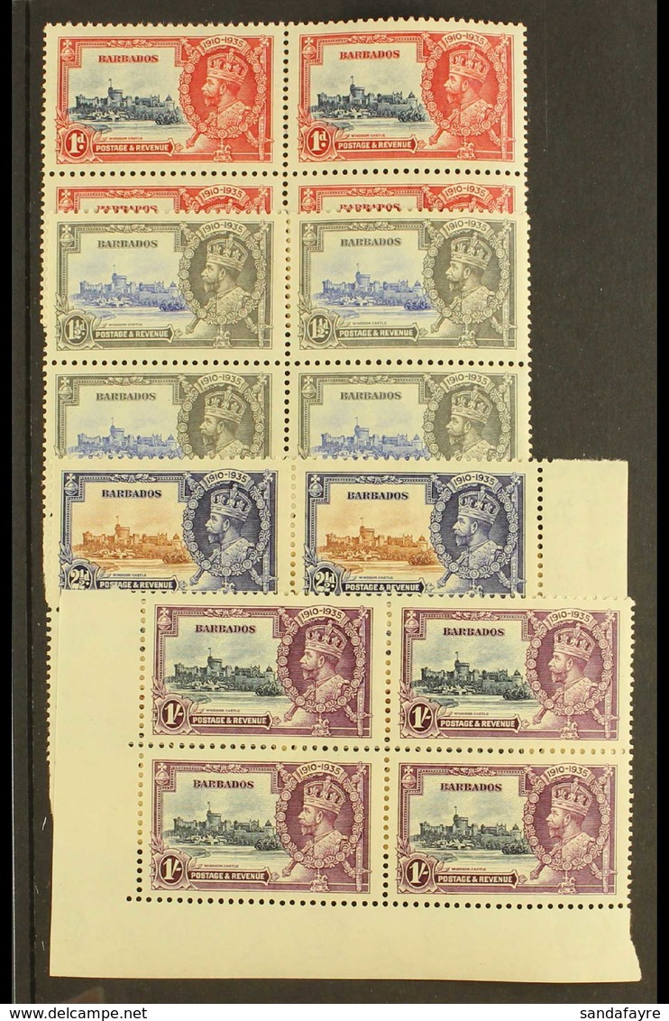 1935  Silver Jubilee Complete Set, SG 241/244, As Never Hinged Mint BLOCKS OF FOUR, The Gum Slightly Toned. (4 Blocks, 1 - Barbados (...-1966)