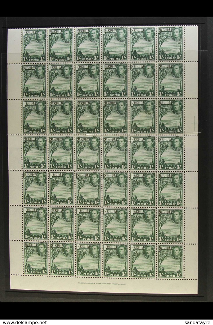 1938-52 COMPLETE SHEET NHM  1s Green, SG 115, Complete Sheet Of 60 Stamps (6 X 10), Selvedge To All Sides, Never Hinged  - Bermuda