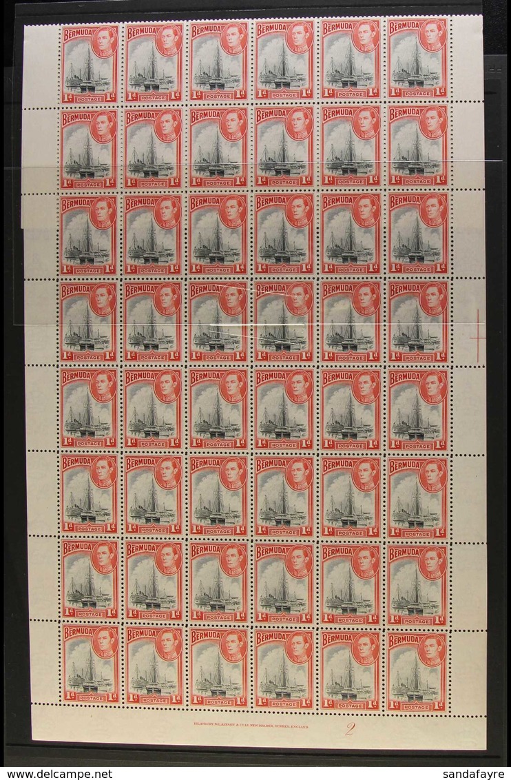 1938-52 COMPLETE SHEET NHM  1d Black & Red, Plate 2, Complete Sheet Of 60 Stamps (6 X 10), Selvedge To All Sides, Never  - Bermuda