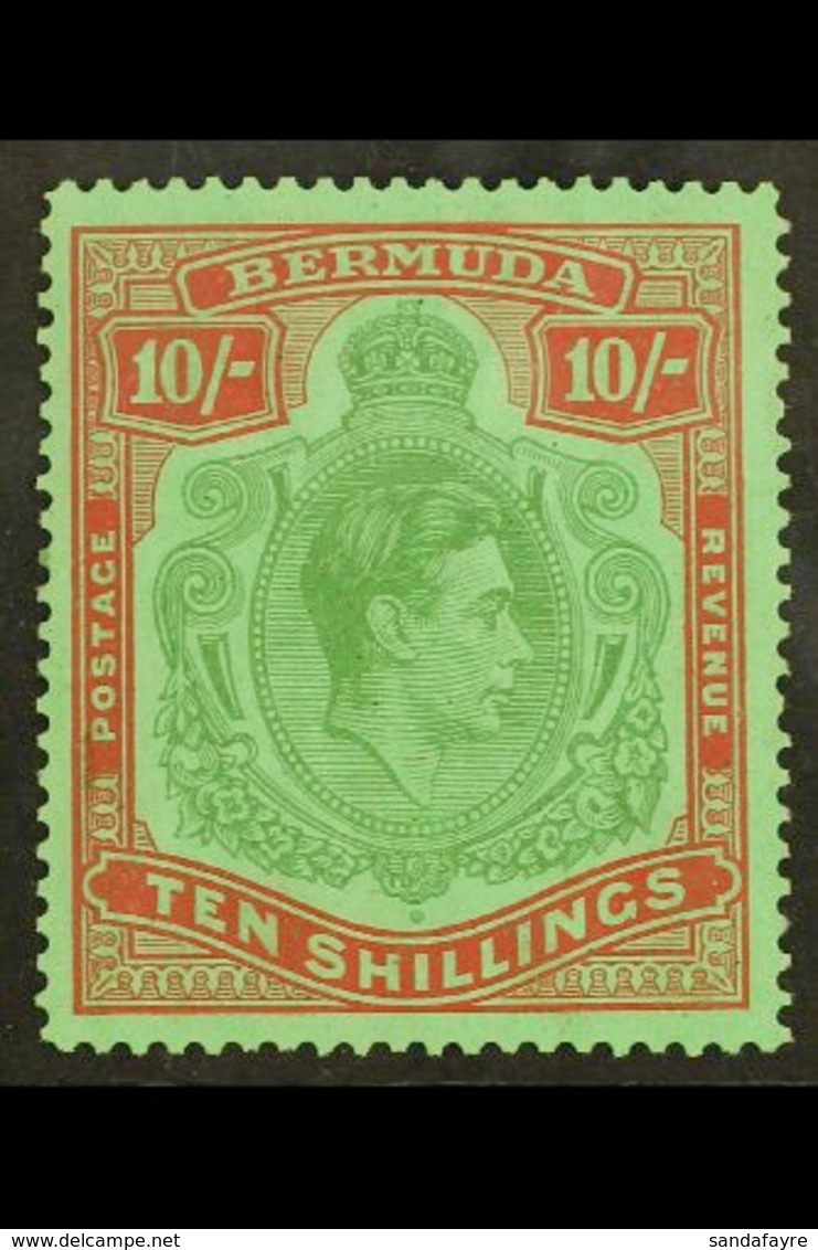 1938-53  10s Yellow Green & Deep Carmine On Green LINE PERF 14¼, SG 119b, Never Hinged Mint With Usual Streaky Gum, Very - Bermuda