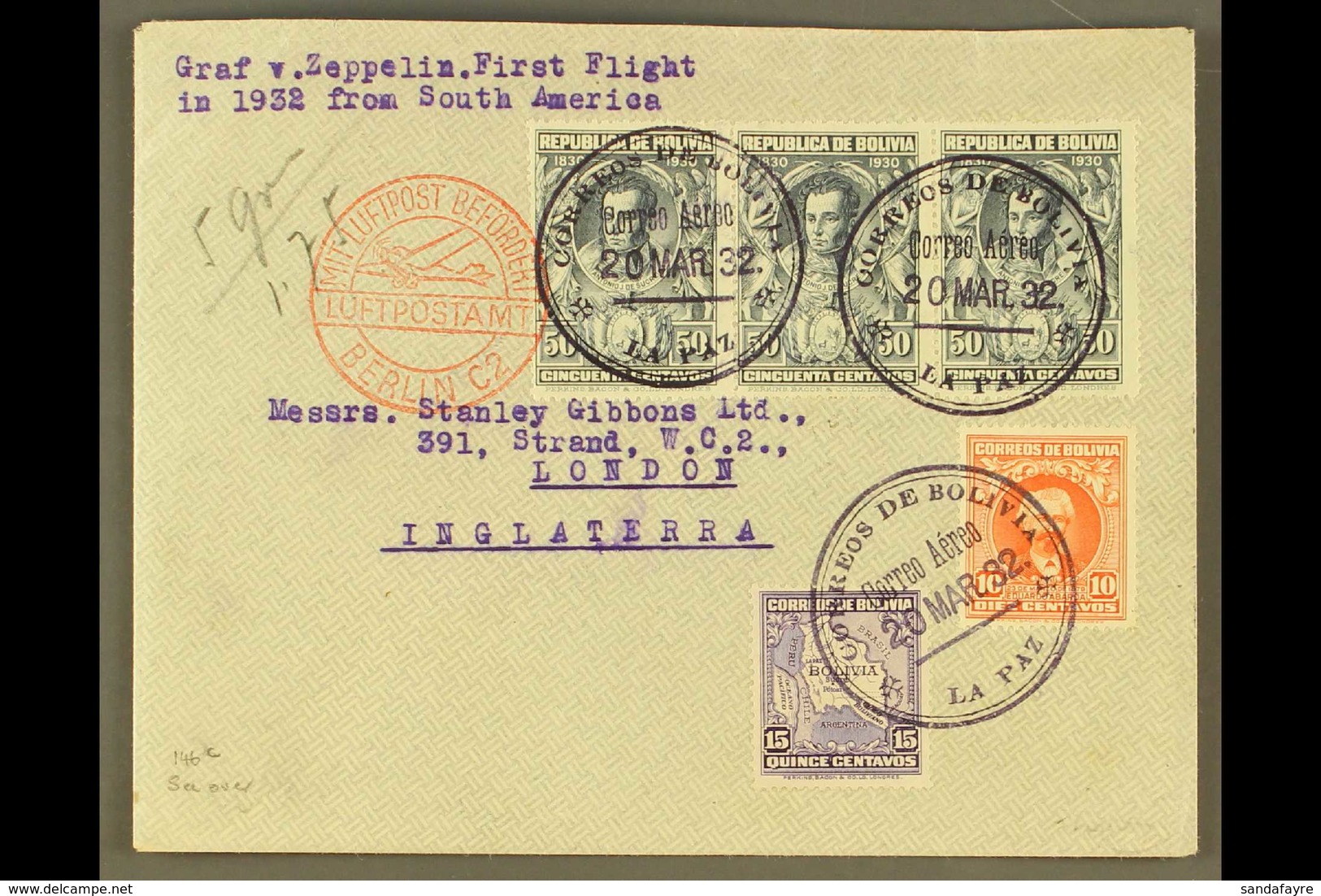 1932  1st SOUTH AMERICA - EUROPE ZEPPELIN FLIGHT, Cover To UK Franked Selection Of Bolivian Stamps Tied By La Paz Cds Ca - Bolivien