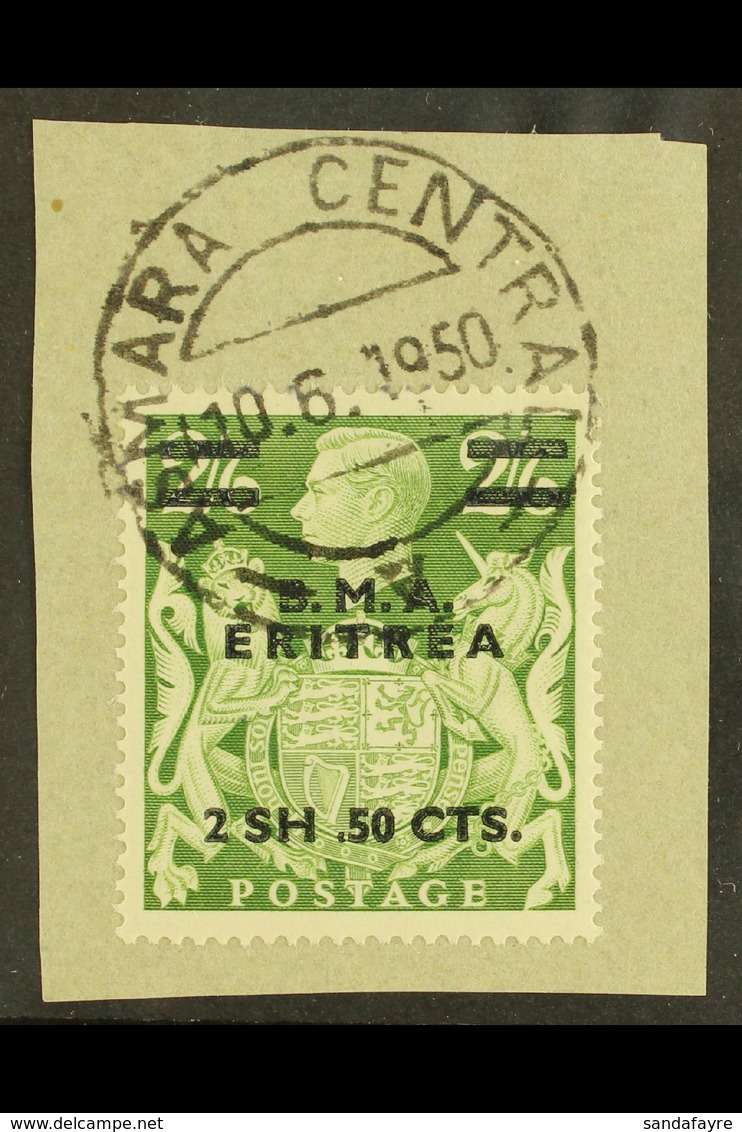 ERITREA  1948 2s 50c On 2s 6d Green, Variety "Misplaced Stop", SG E10a, Superb Used On Piece With Asmara Cds Cancel. For - Italienisch Ost-Afrika