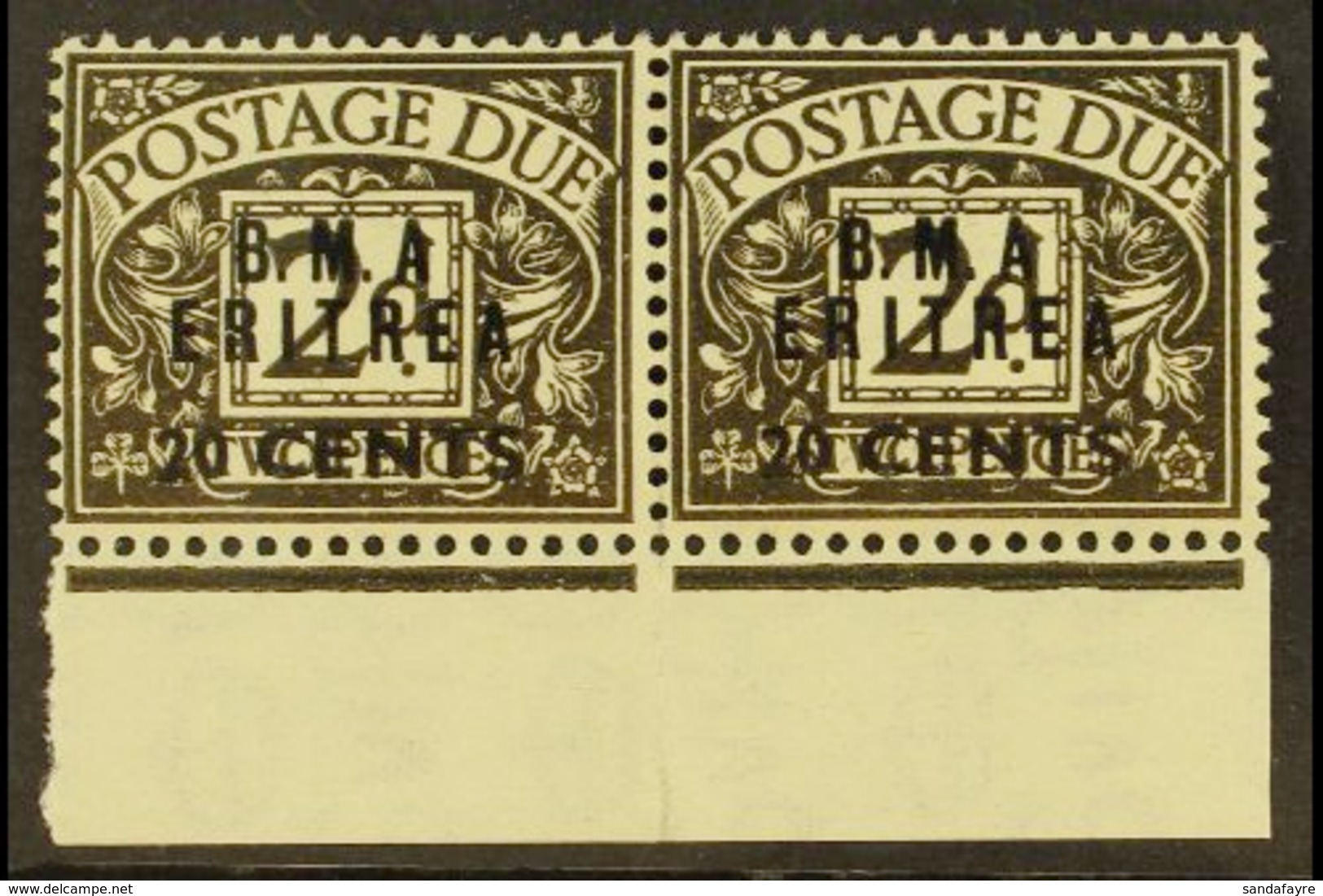 ERITREA  POSTAGE DUES 1948 20c On 2d Agate, Horizontal Pair Both Showing Variety "No Stop After A", SG ED 3a, Very Fine  - Italienisch Ost-Afrika