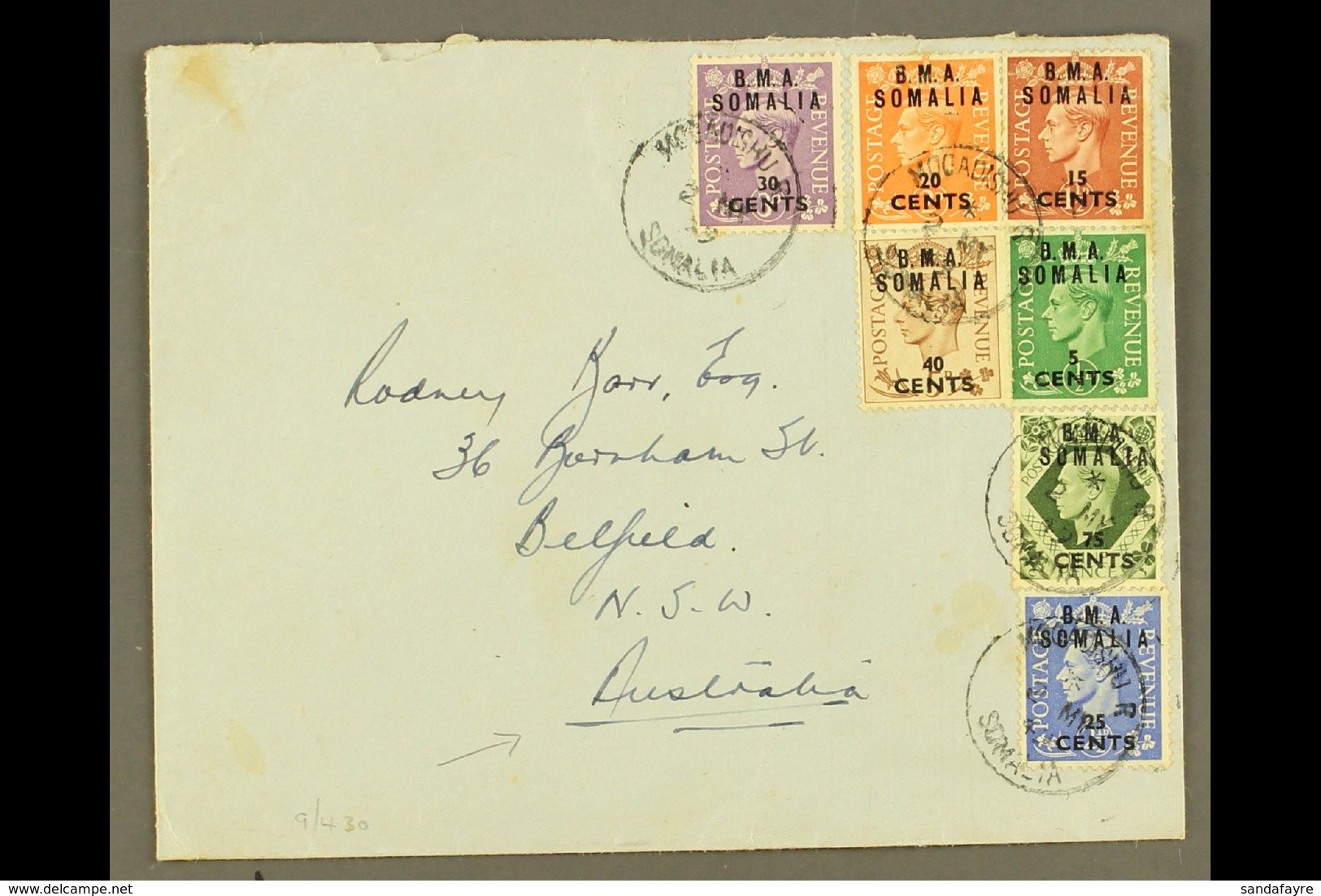 SOMALIA  1949 Plain Envelope To Australia, Franked KGVI 5c On ½d To 40c On 5d & 75c On 9d "B.M.A. SOMALIA" Ovpts, SG S10 - Italienisch Ost-Afrika