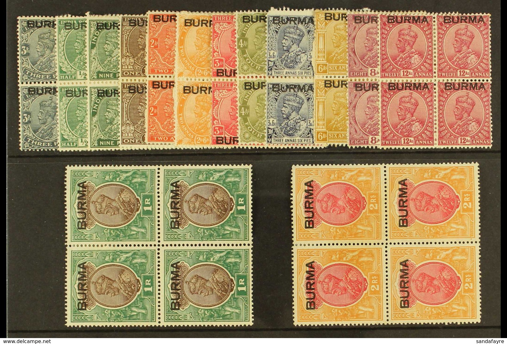 1937  Geo V Set To 2r Complete, SG 1/14, In Very Fine Mint Blocks Of 4 (2og, 2nhm). (56 Stamps) For More Images, Please  - Burma (...-1947)