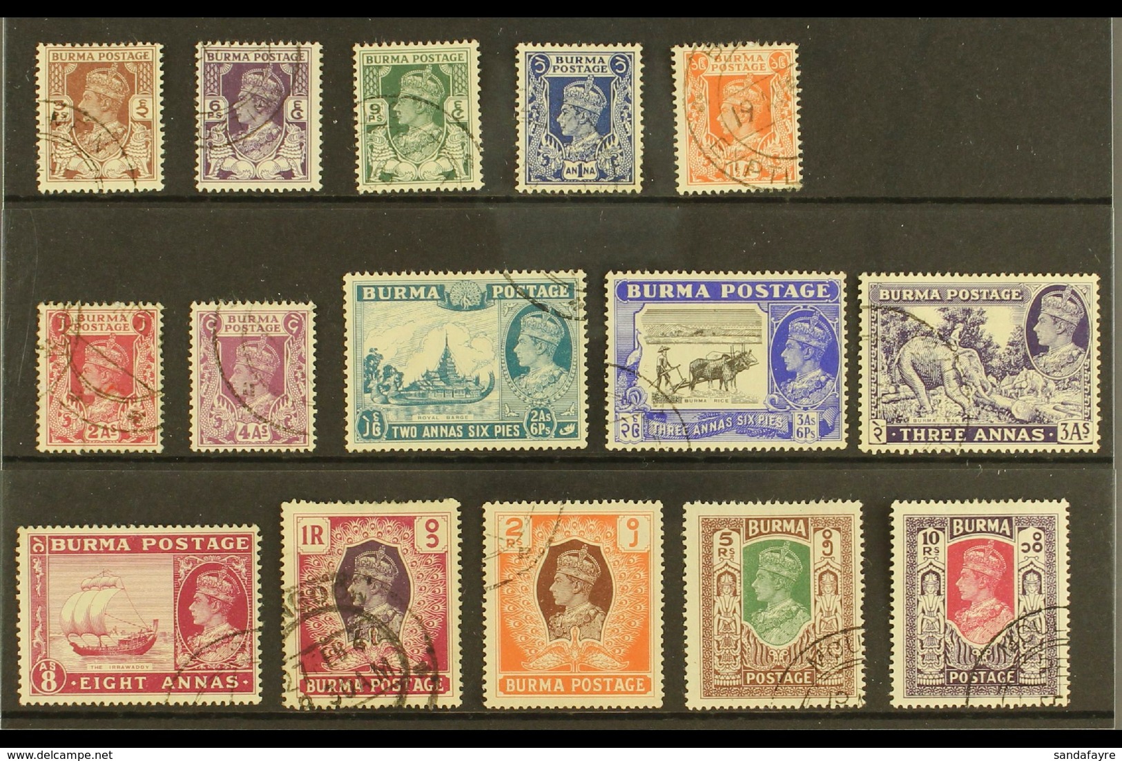 1946  New Colour KGVI Set, SG 51/63, Very Fine Used (15 Stamps) For More Images, Please Visit Http://www.sandafayre.com/ - Burma (...-1947)