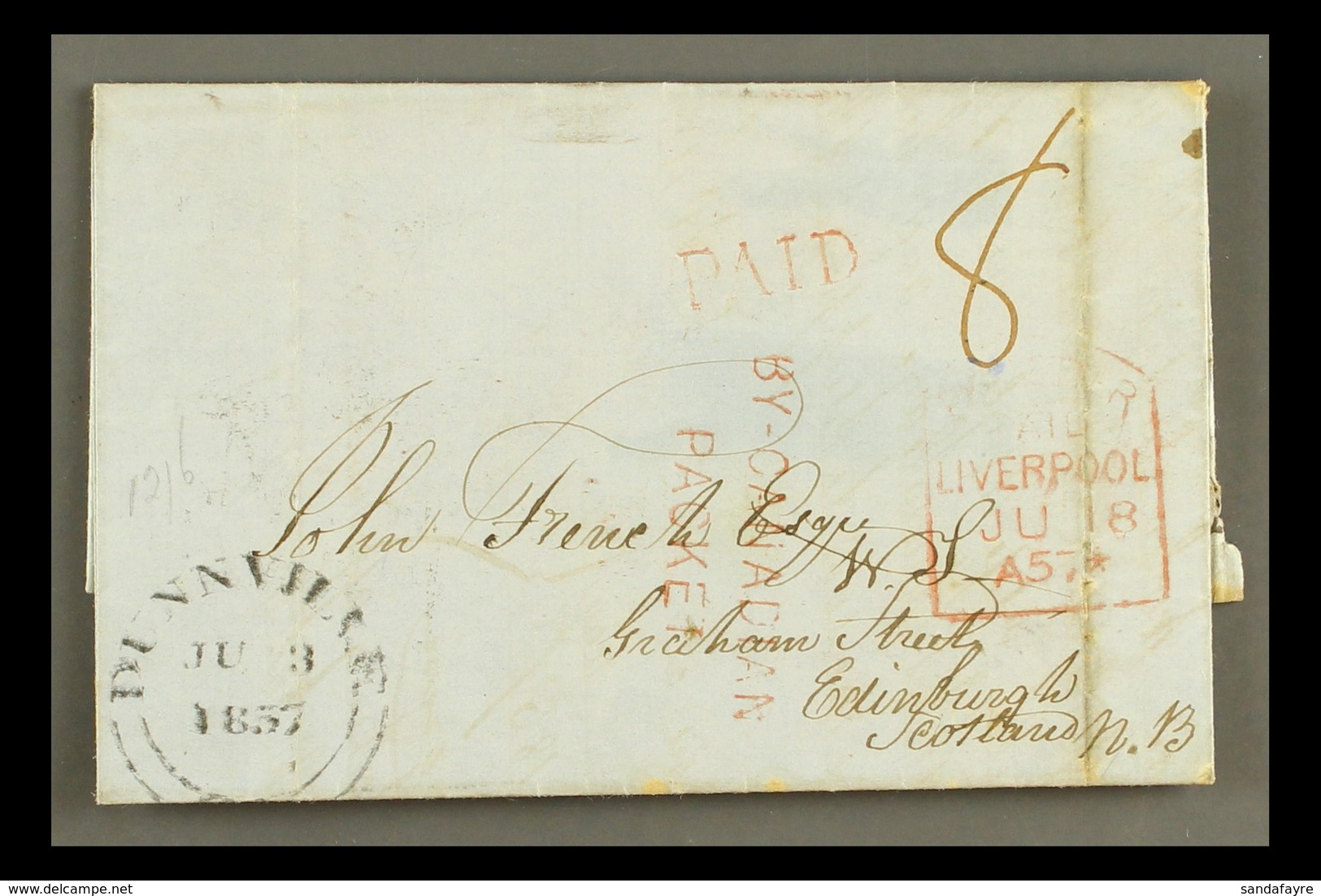 1857  (3 Jun) EL From Dunville To Edinburgh With "8" Manuscript Rate Mark And Red "PAID" With Fair Red Tombstone Framed  - Sonstige & Ohne Zuordnung