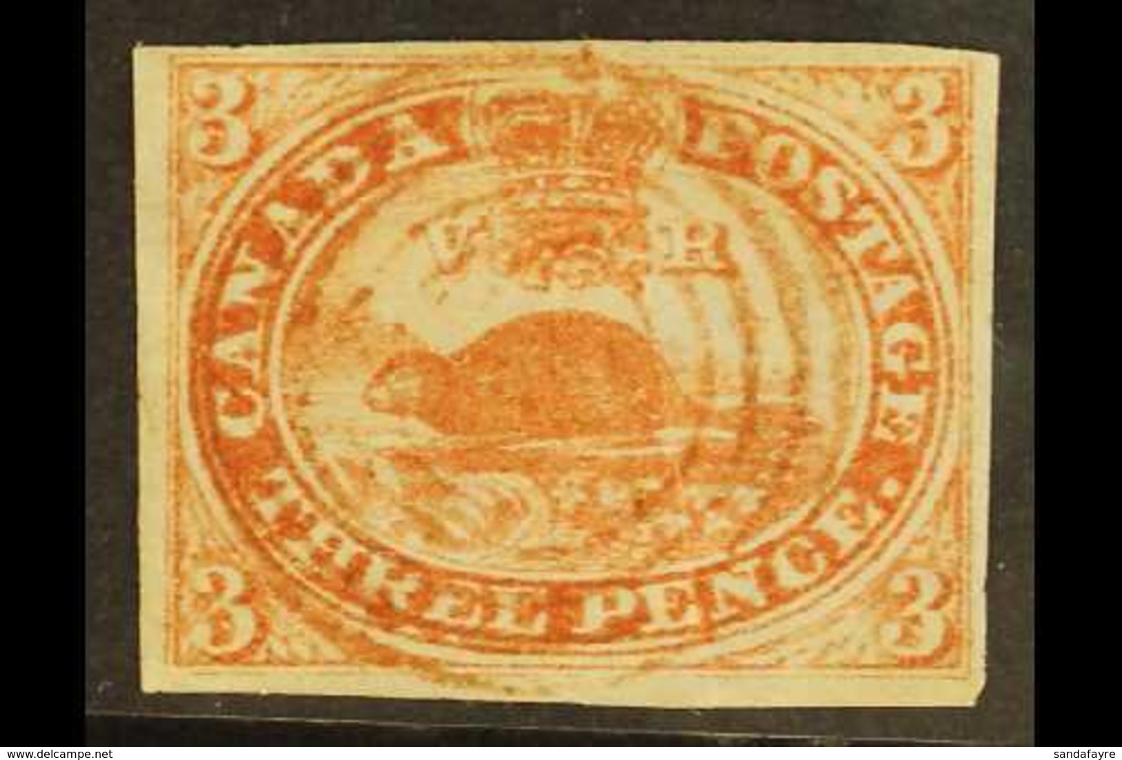 1857  3d Red Beaver On Ribbed Paper, SG 22, Four Margins With Neat Red Target Cancel, Crease. For More Images, Please Vi - Altri & Non Classificati