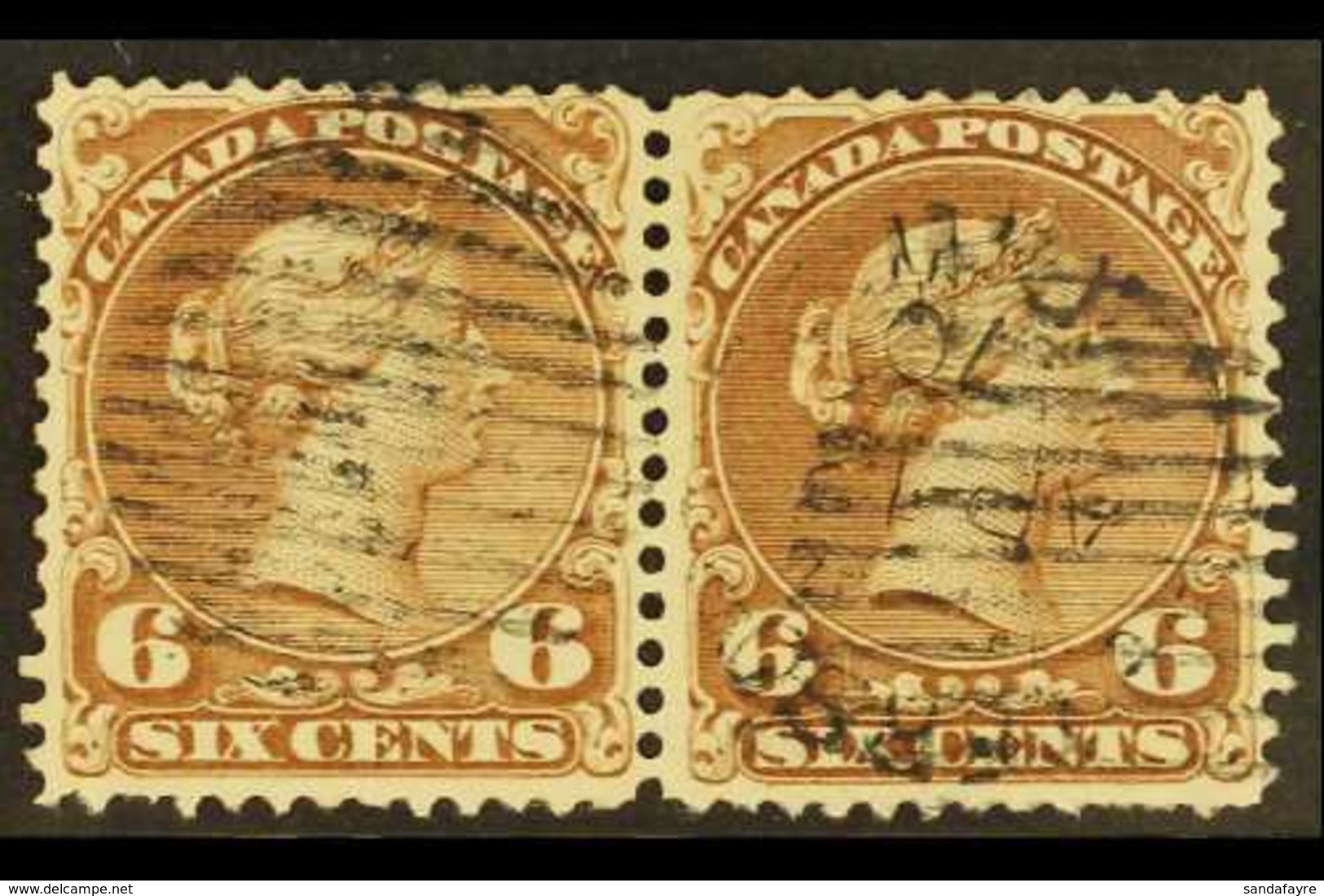 1870  6c Yellow Brown Large Queen, SG 59b, Horizontal Pair With Part 1870 Cds And Barred Cancels. For More Images, Pleas - Sonstige & Ohne Zuordnung