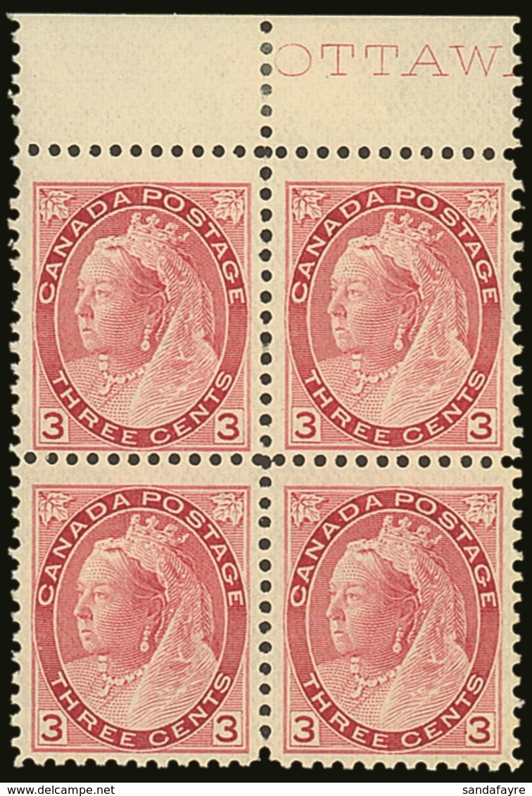 1898  3c Rose-carmine, Queen Victoria "Numeral" Type,  SG 156, (Uni 78)  Upper Marginal Block Of Four, Very Fine And Fre - Other & Unclassified