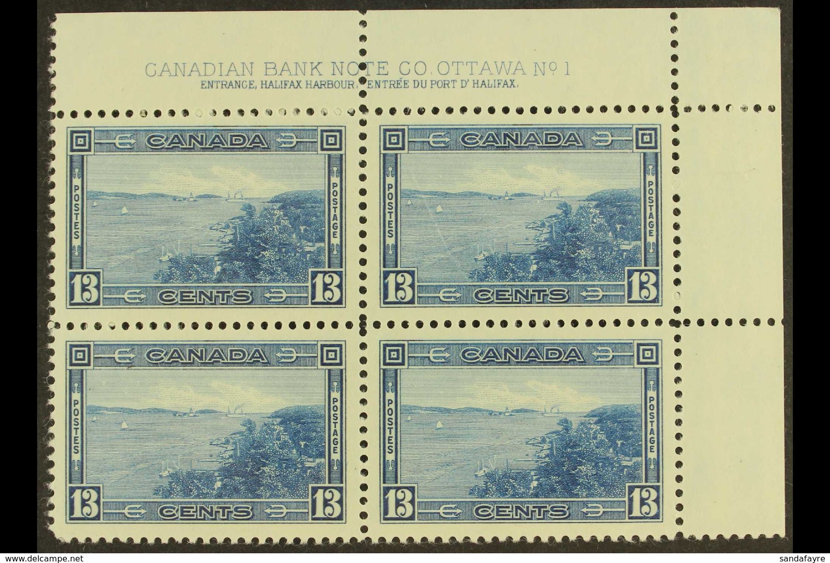 1937-8  13c Blue, Halifax Harbour, Top Right Plate Block Of Four, SG 364, Never Hinged Mint. For More Images, Please Vis - Sonstige & Ohne Zuordnung