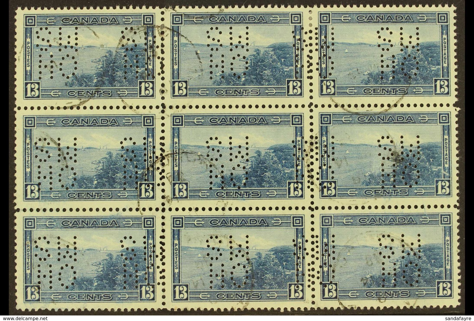 OFFICIAL  1937-38 13c Blue Punctured "O.H.M.S.", SG O104, Very Fine Used BLOCK OF NINE. (9 Stamps) For More Images, Plea - Sonstige & Ohne Zuordnung