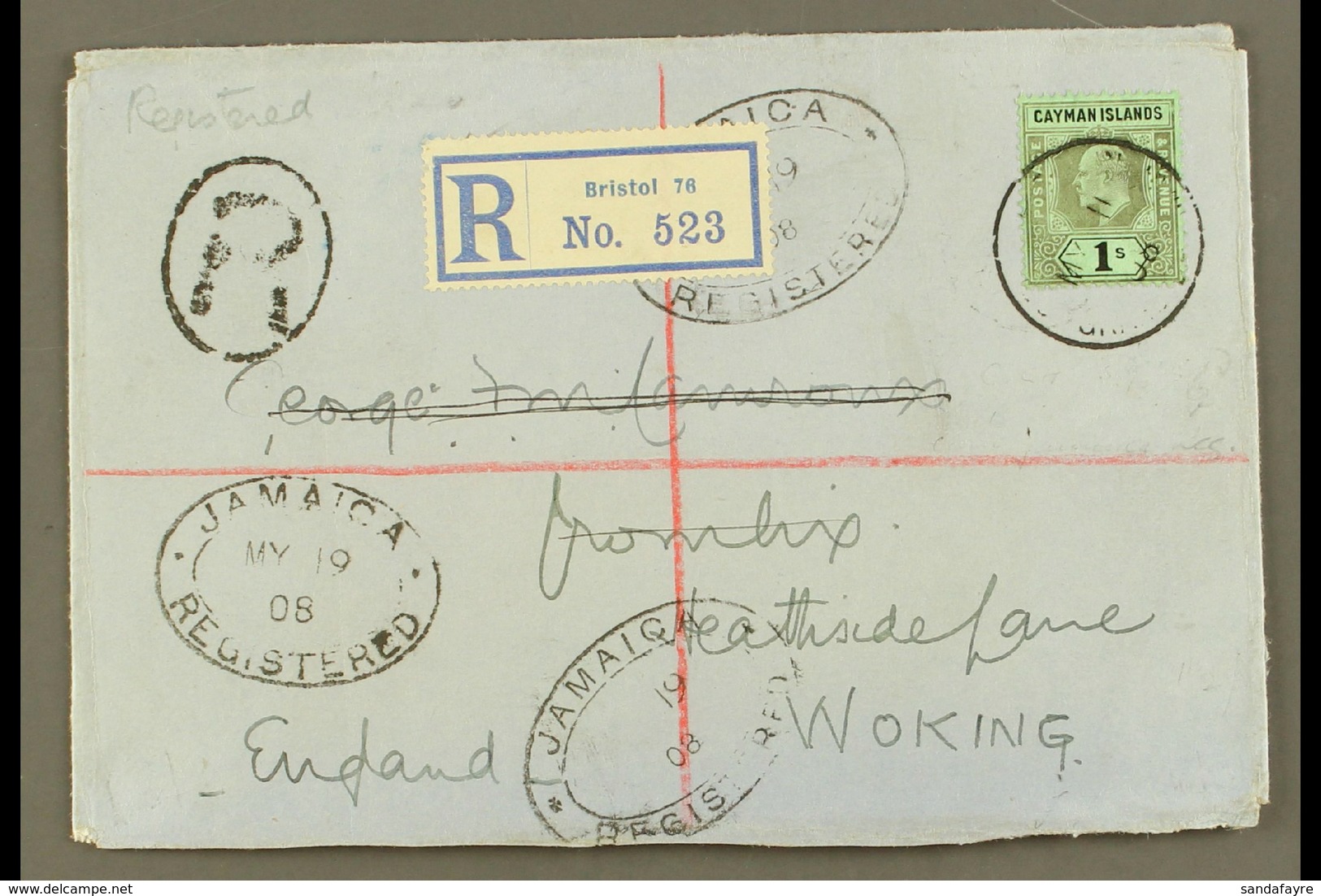 1908  (11 May) Registered Cover To England, Bearing 1907-09 1s Wmk CA Stamp (SG 33) Tied By Cds Cancel, With Registratio - Kaimaninseln