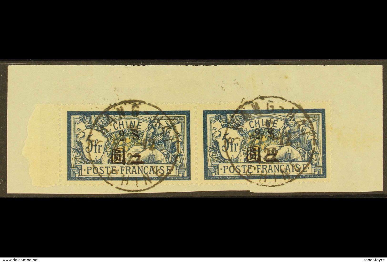 FRENCH OFFICES  1911 - 21 $2 On 5fr Deep Blue And Buff, SG 91, Horizontal Marginal Pair Tied On Piece By Shanghai Cds Ca - Sonstige & Ohne Zuordnung