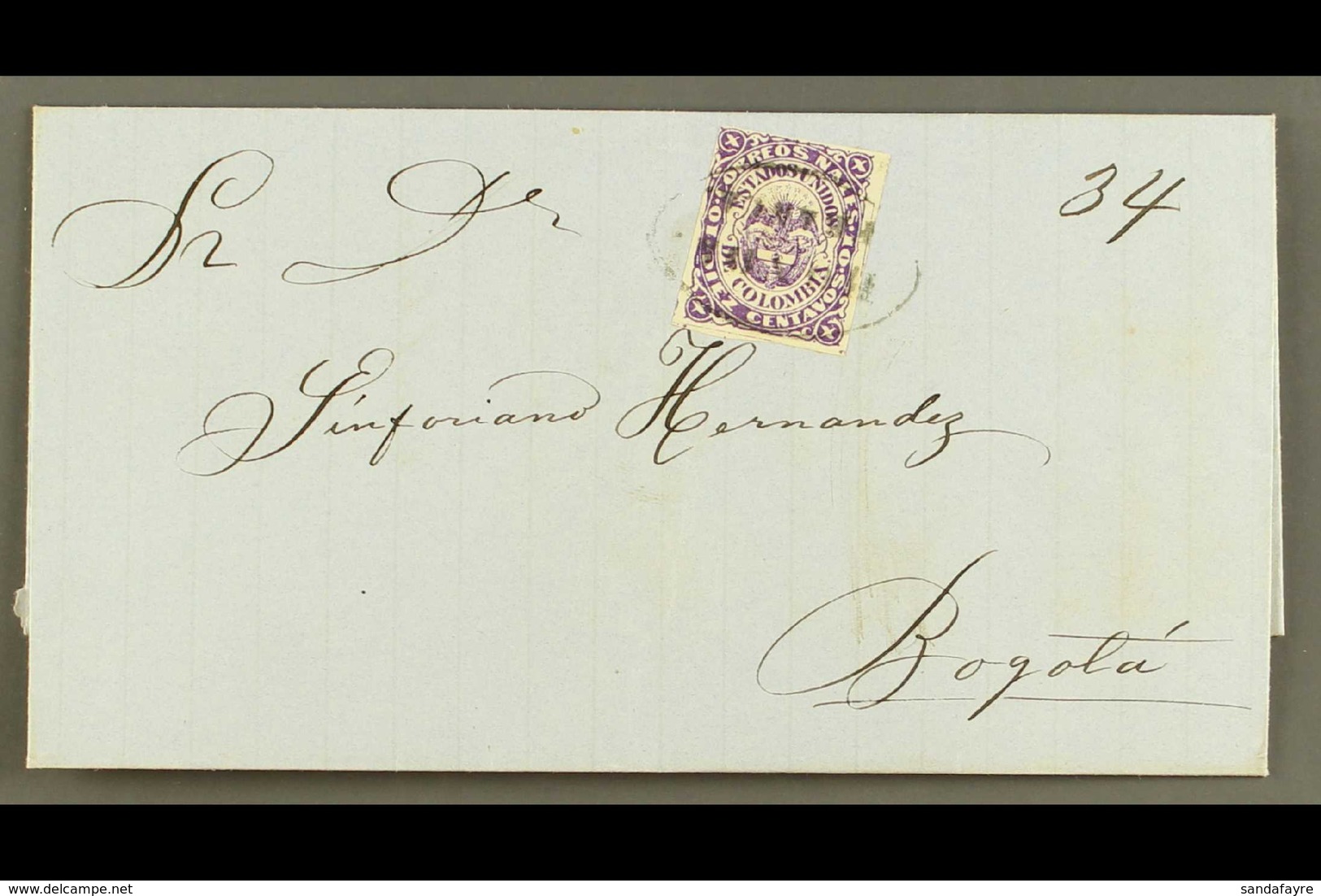 1868  10c Violet Type I, Scott 54a, On Undated Cover To Bogota Tied By Oval "HONDA/FRANCA" Cancel, With Recent (2016) Br - Kolumbien