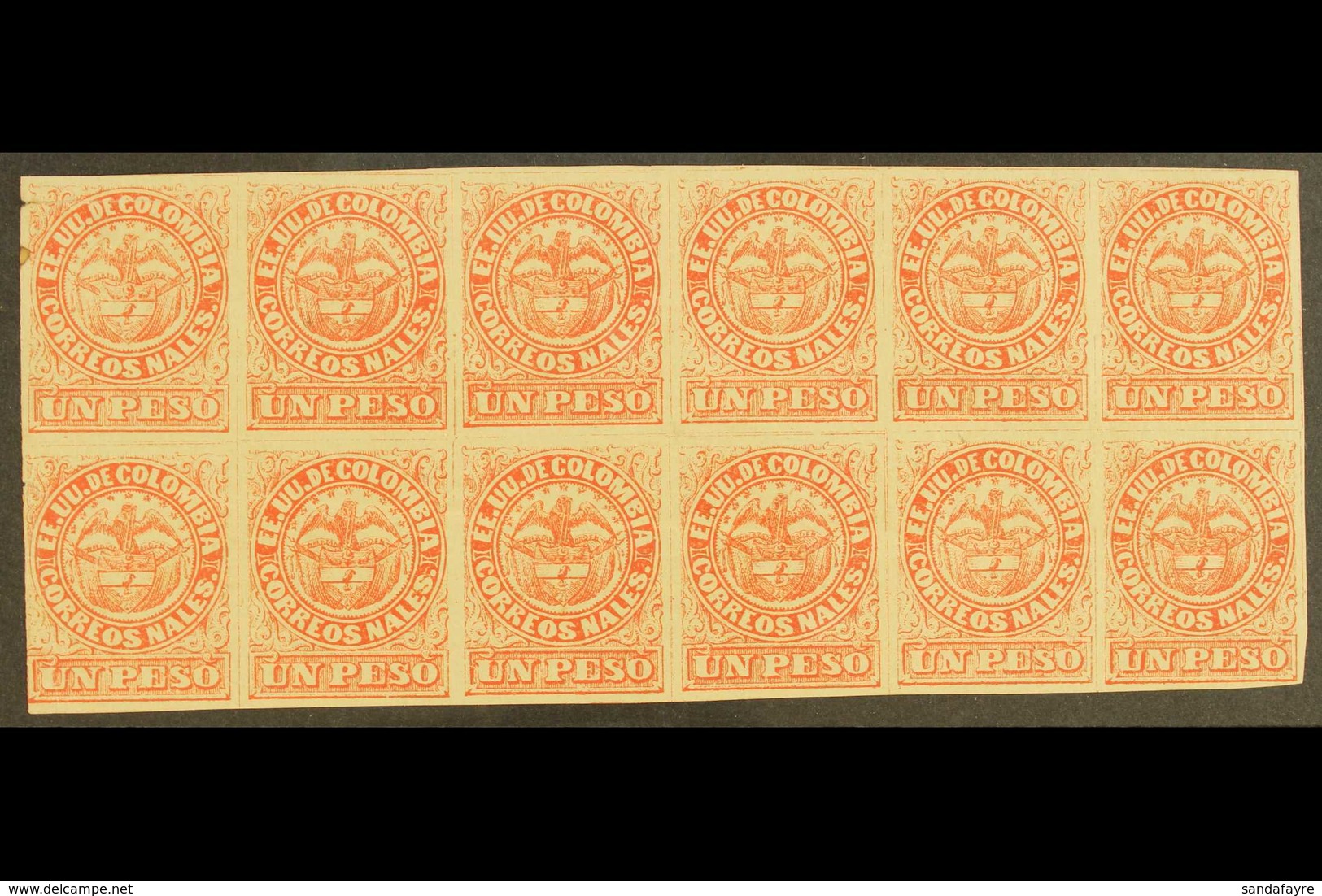 1868  1p Rose Red Type I, Scott 57b, An Impressive Mint BLOCK OF TWELVE (6 X 2), Several Lines Of Creasing And With Some - Kolumbien