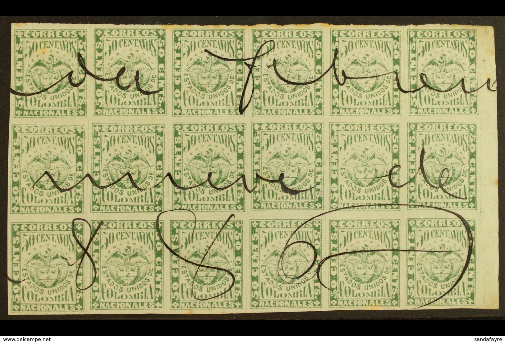 1868  50c Yellow Green, Scott 56, An Impressive Used BLOCK OF EIGHTEEN (6 X 3) With Full Margins And With Manuscript Can - Kolumbien