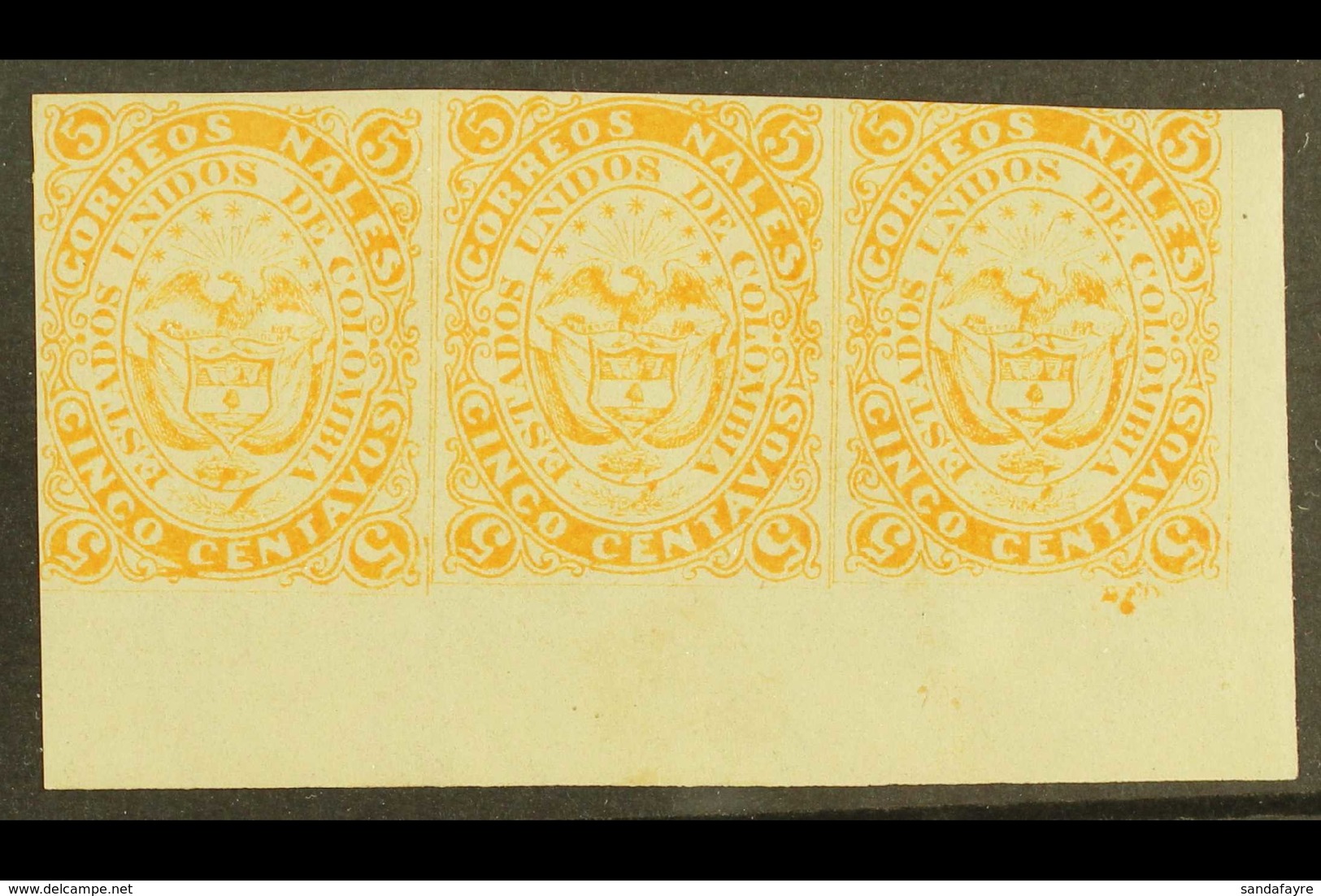 1868  5c Orange, Scott 53, A Never Hinged Mint Marginal STRIP OF THREE, Close Margins At Top And At Left, But A Scarce M - Kolumbien