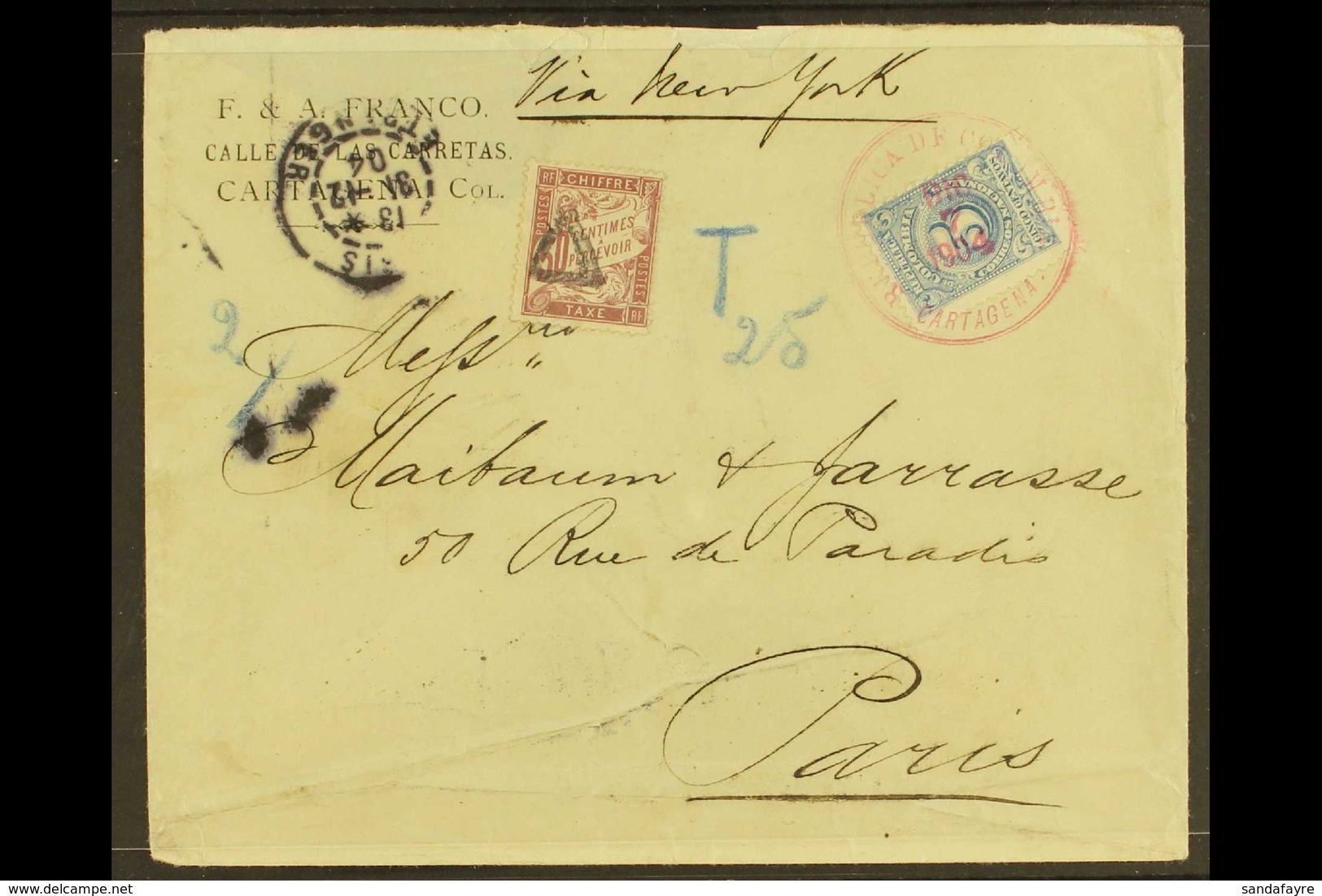 1904 POSTAGE DUE COVER TO PARIS  Bearing 5c Blue Tied By "REPUBLICA DE COLOMBIA / CARTAGENA" Cds In Red Of DIC 7, 1904,  - Kolumbien