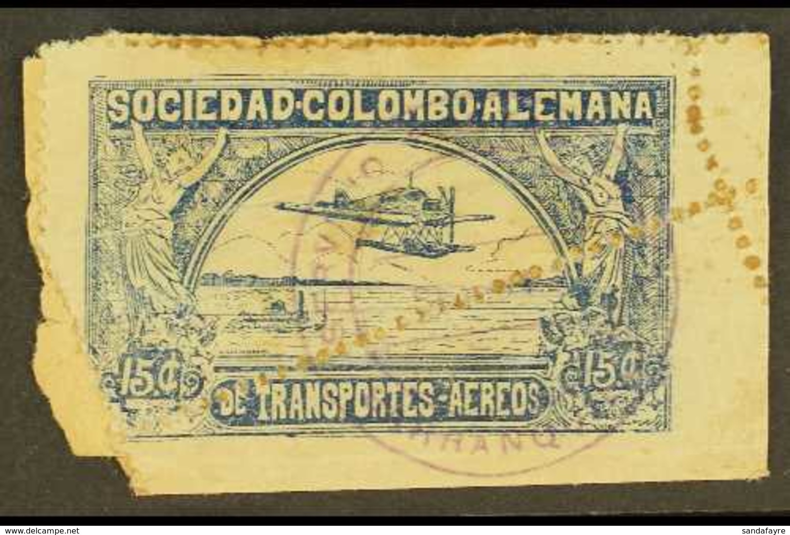 SCADTA  1920-21 15c Blue Hydroplane (Scott C13, SG 13, Michel 2), Used Example On Small Piece Showing A Spectacular PERF - Kolumbien