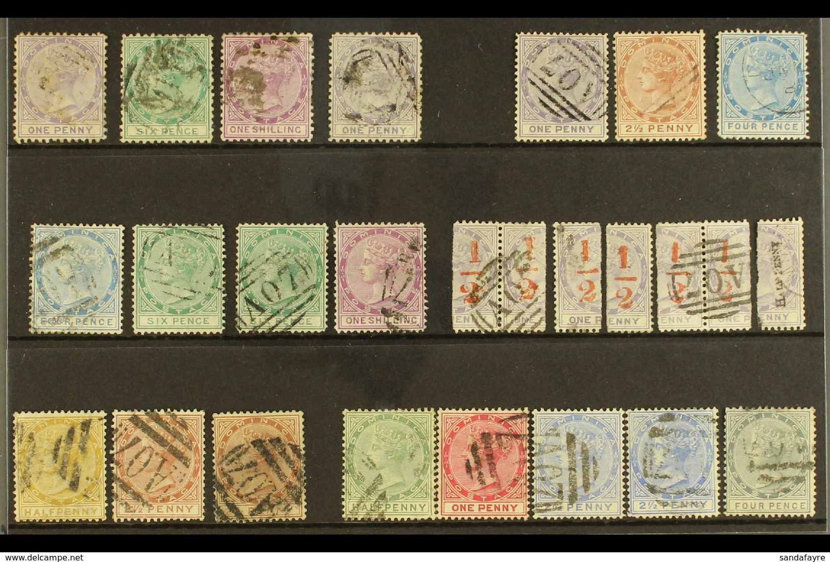 1874-1890 USED VICTORIA SELECTION  Presented Chronologically On A Stock Card. Includes 1874 (CC, Perf 12½) 1d (2), 6d &  - Dominica (...-1978)