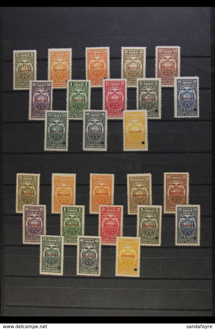 REVENUE STAMPS - SPECIMEN OVERPRINTS  1911-1944 "Timbre Fiscal" Never Hinged Mint All Different Collection, Each Stamp O - Ecuador