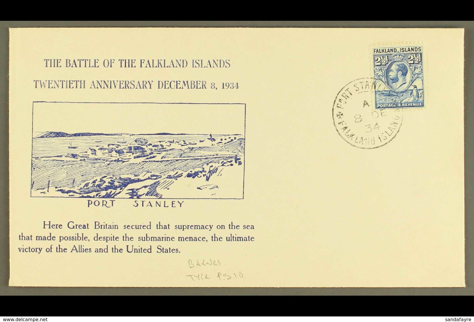 1934  (8 Dec) Illustrated Env For The 20th Anniversary Of The Battle Of The Falkland Islands Bearing 2½d Blue "Whale And - Falklandinseln