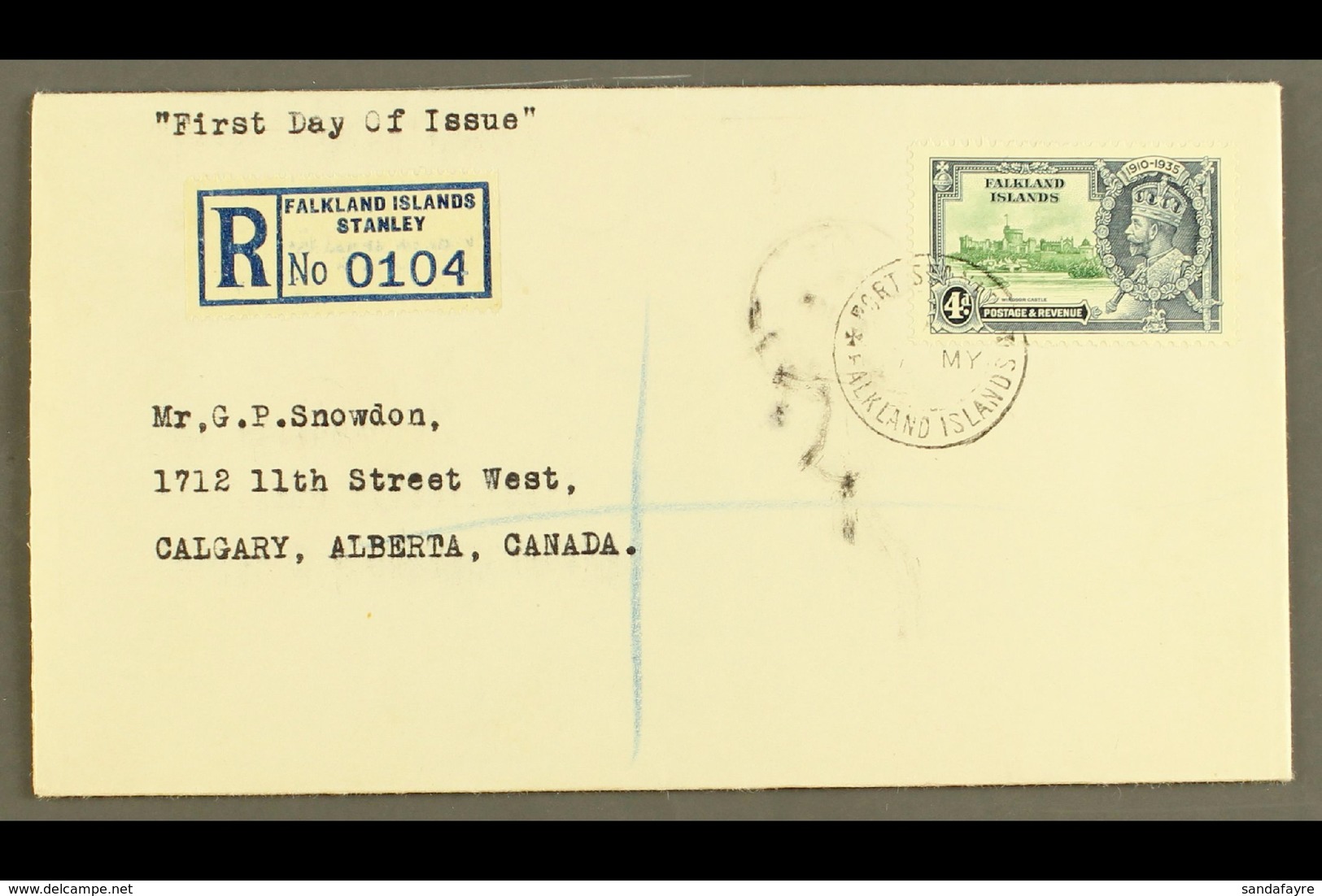 1935  4d Green And Indigo Silver Jubilee, SG 141, Fine Used On Registered First Day Cover To Canada, Tied By PORT STANLE - Falklandinseln