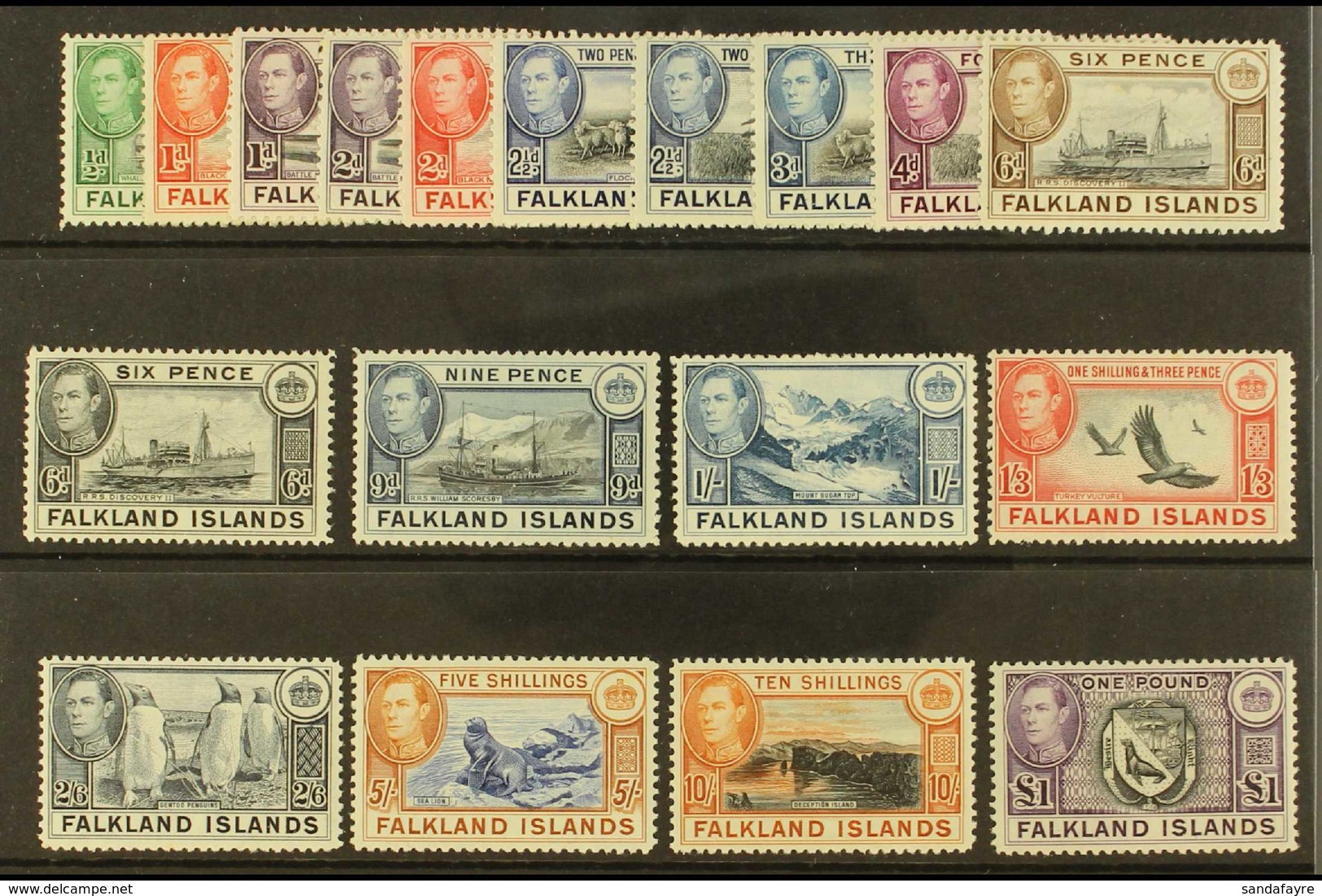 1938-50  Pictorials Set Complete, SG 146/163, Very Fine Lightly Hinged Mint (18 Stamps) For More Images, Please Visit Ht - Falklandinseln