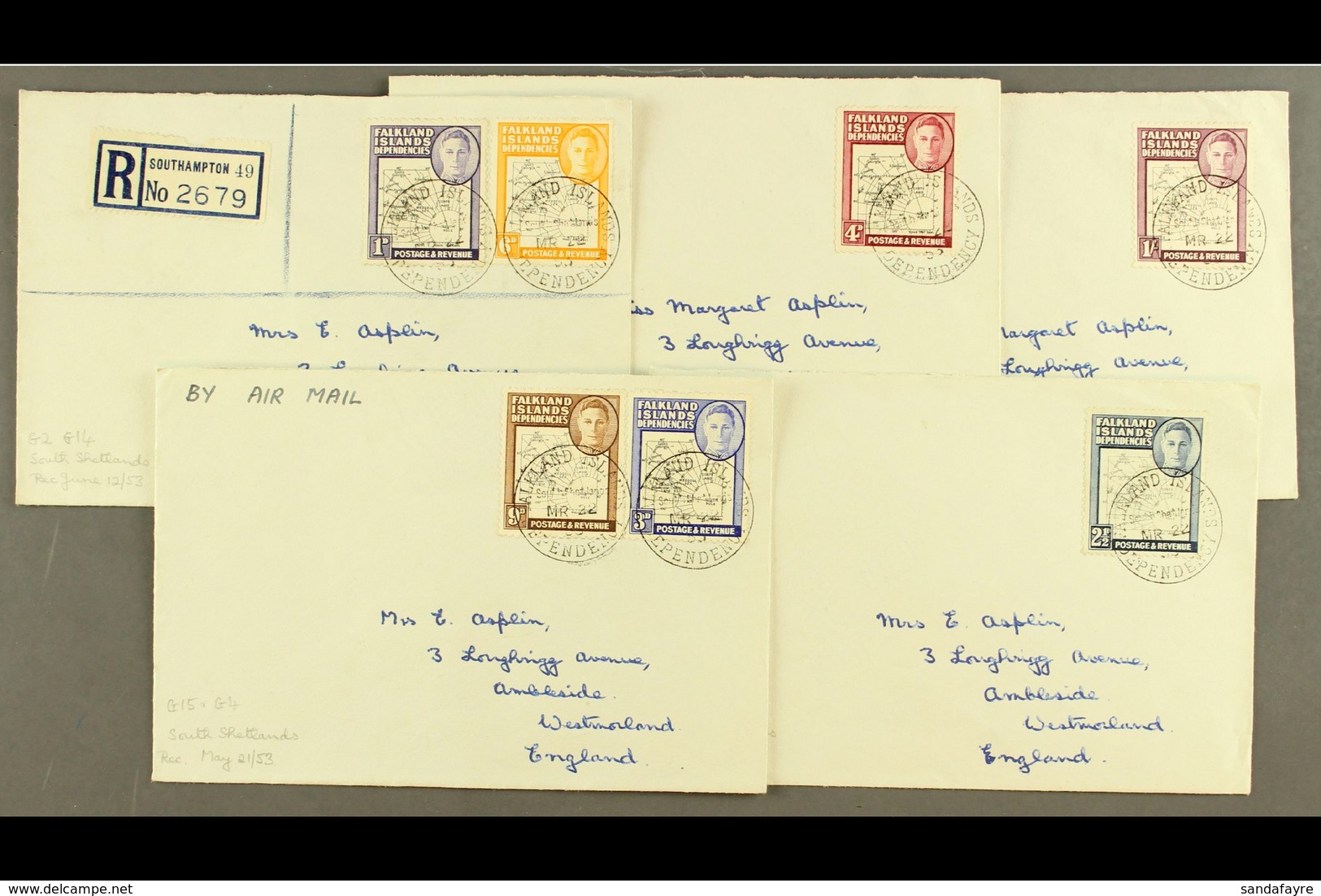 1952 - 1953 COVERS  Selection Of Covers To UK (no Back Flaps) Franked With Range Of Clear And Coarse Map Values To 1s. ( - Falklandinseln