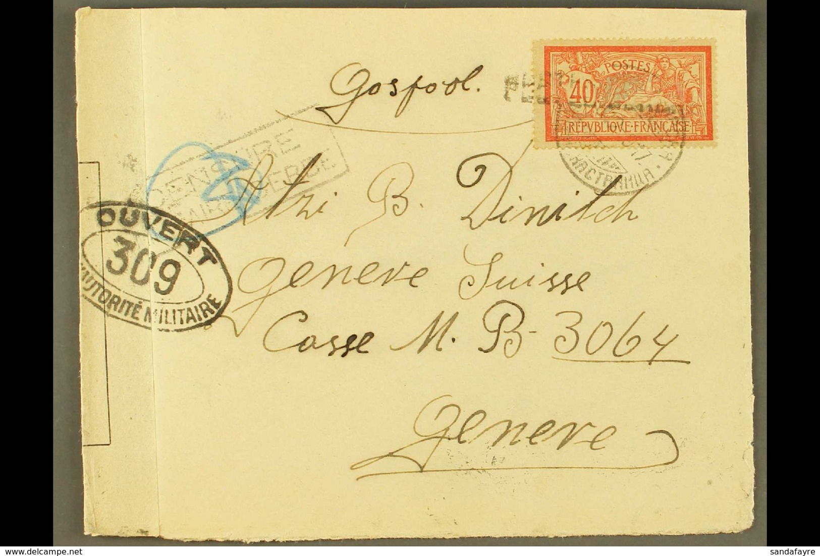 POSTES SERBES COVER  1917 (Dec) censored Cover Addressed To Switzerland, Bearing France 40c Stamp Tied By Serbian Cyrill - Sonstige & Ohne Zuordnung