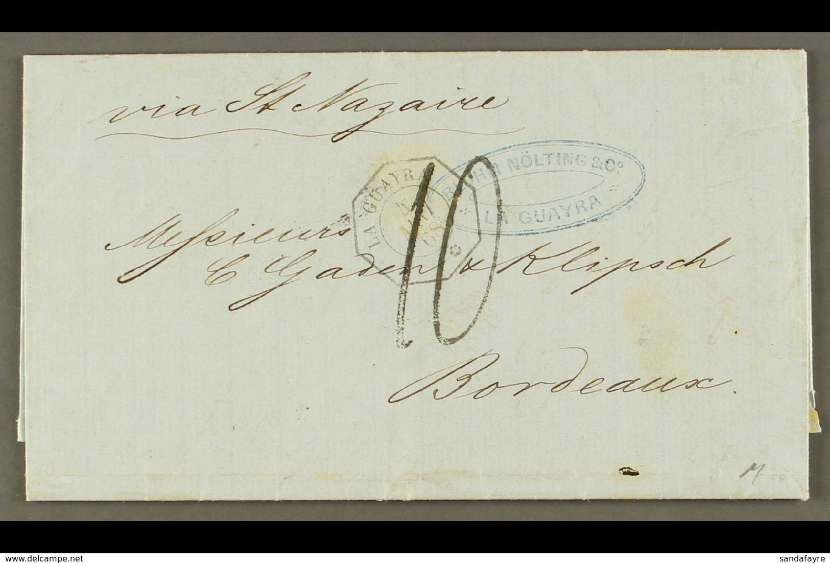 FRENCH PO IN LA GUAYRA  1868 (4 May) Stampless Entire Letter To France, Endorsed 'via St Nazaire', Bearing Octagonal "La - Sonstige & Ohne Zuordnung