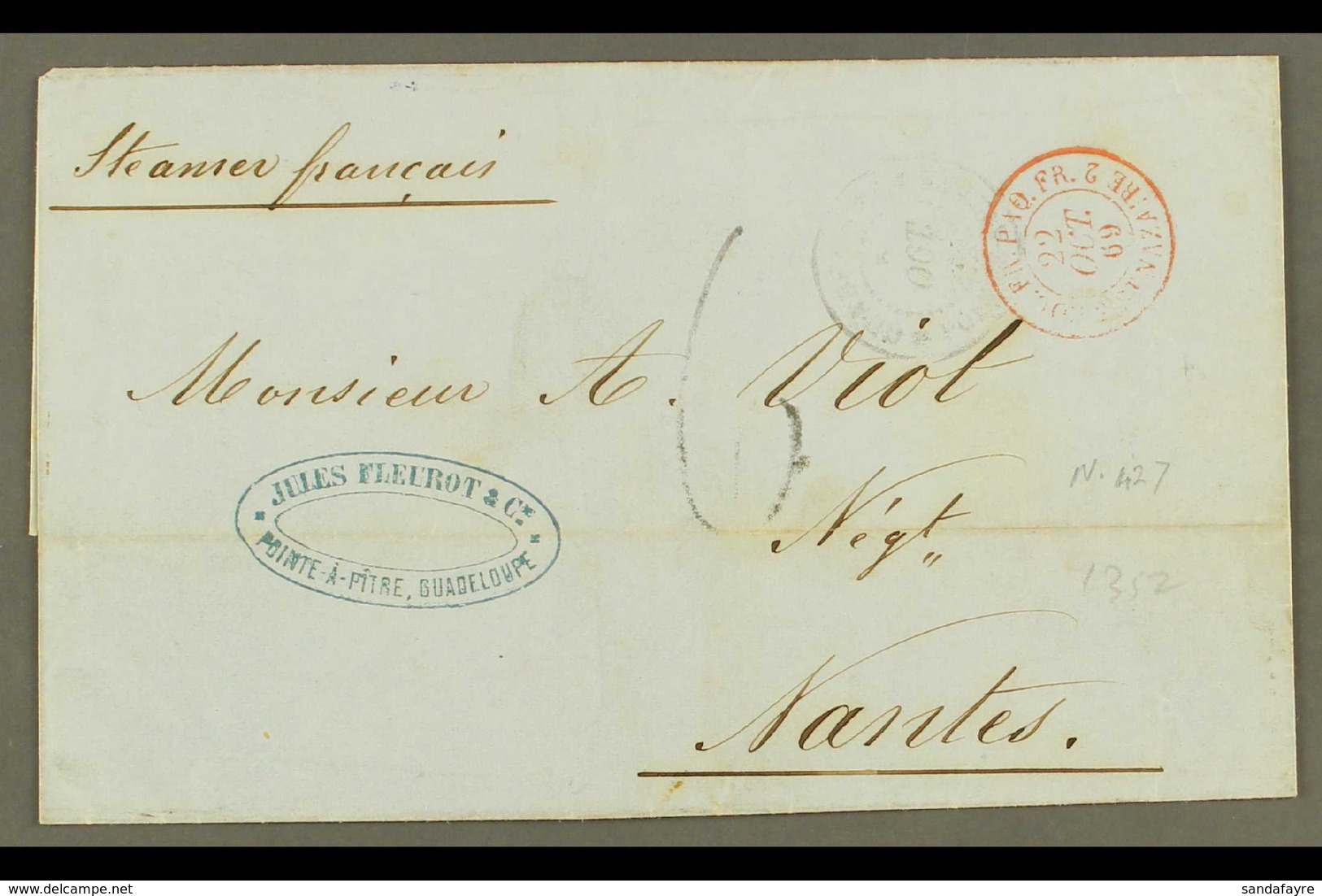GUADELOUPE  1869 (5 Oct) Entire Addressed To France, Endorsed 'Steamer Francais', Bearing "Pointe A Pitre, Guadeloupe" & - Sonstige & Ohne Zuordnung
