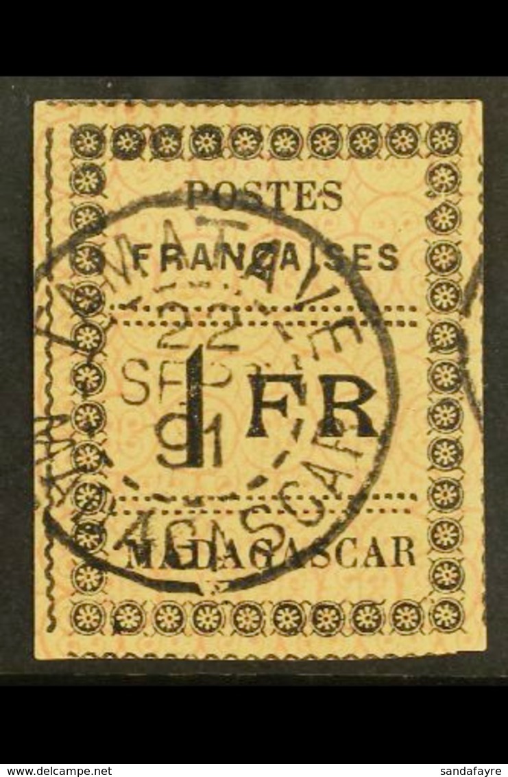 MADAGASCAR  1891 1fr Black On Yellow, Yv 12 Superb Used. For More Images, Please Visit Http://www.sandafayre.com/itemdet - Other & Unclassified